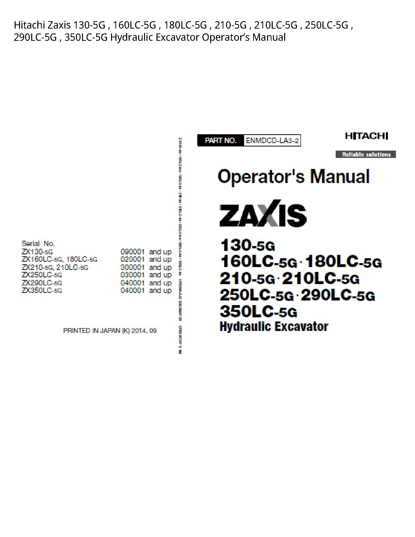Hitachi 130-5G Zaxis Hydraulic Excavator Operator’s manual