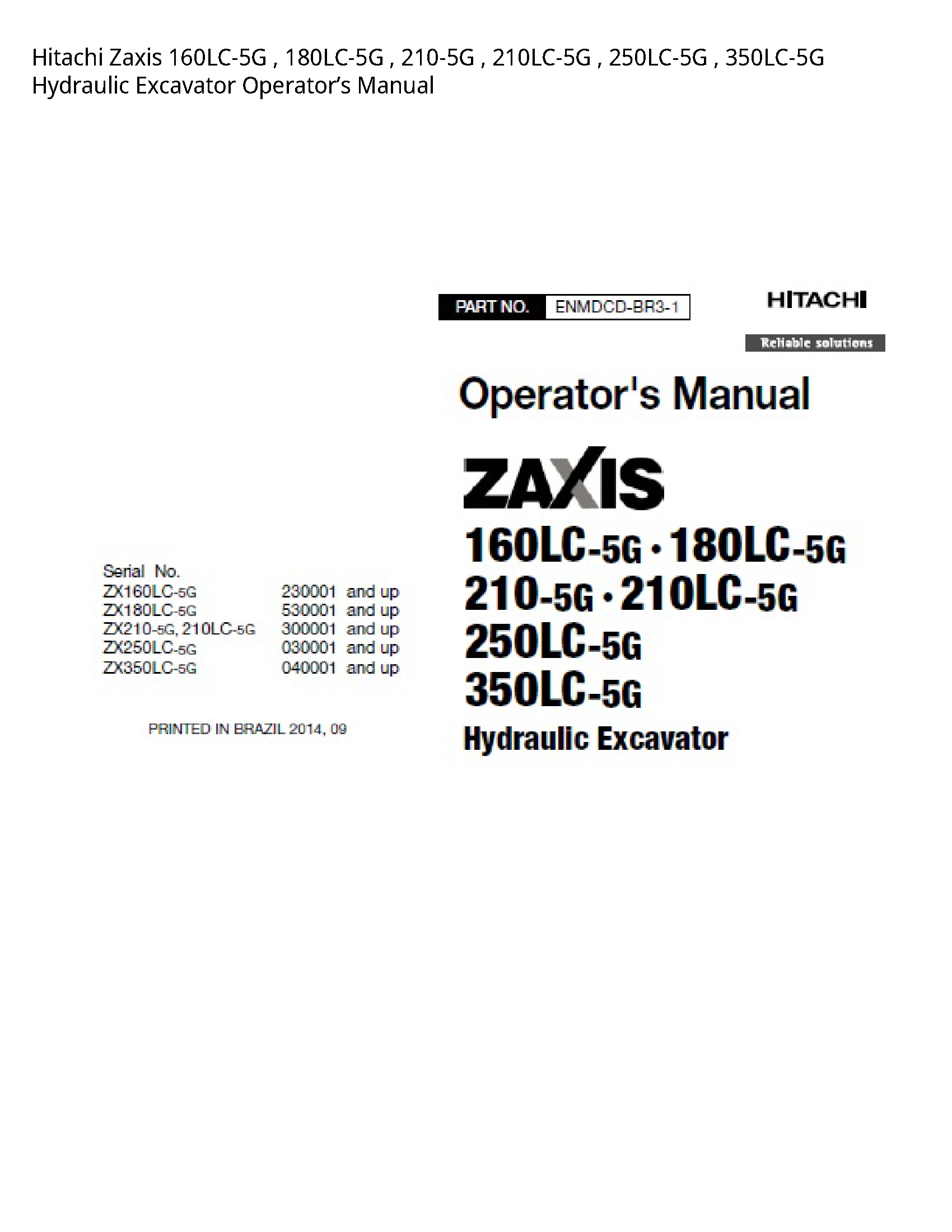Hitachi 160LC-5G Zaxis Hydraulic Excavator Operator’s manual