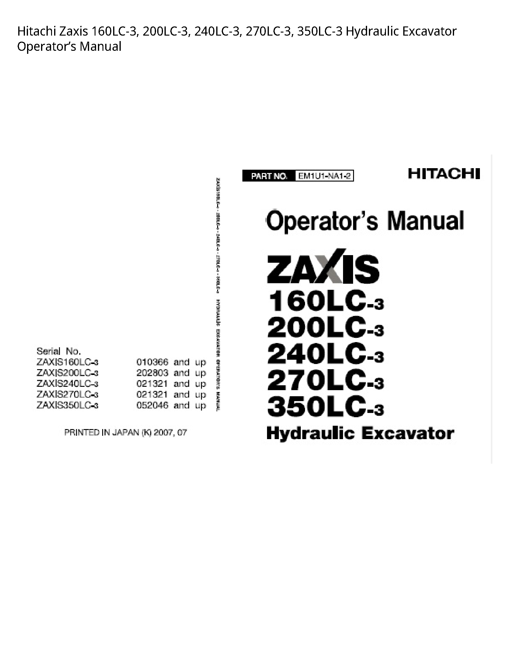 Hitachi 160LC-3 Zaxis Hydraulic Excavator Operator’s manual