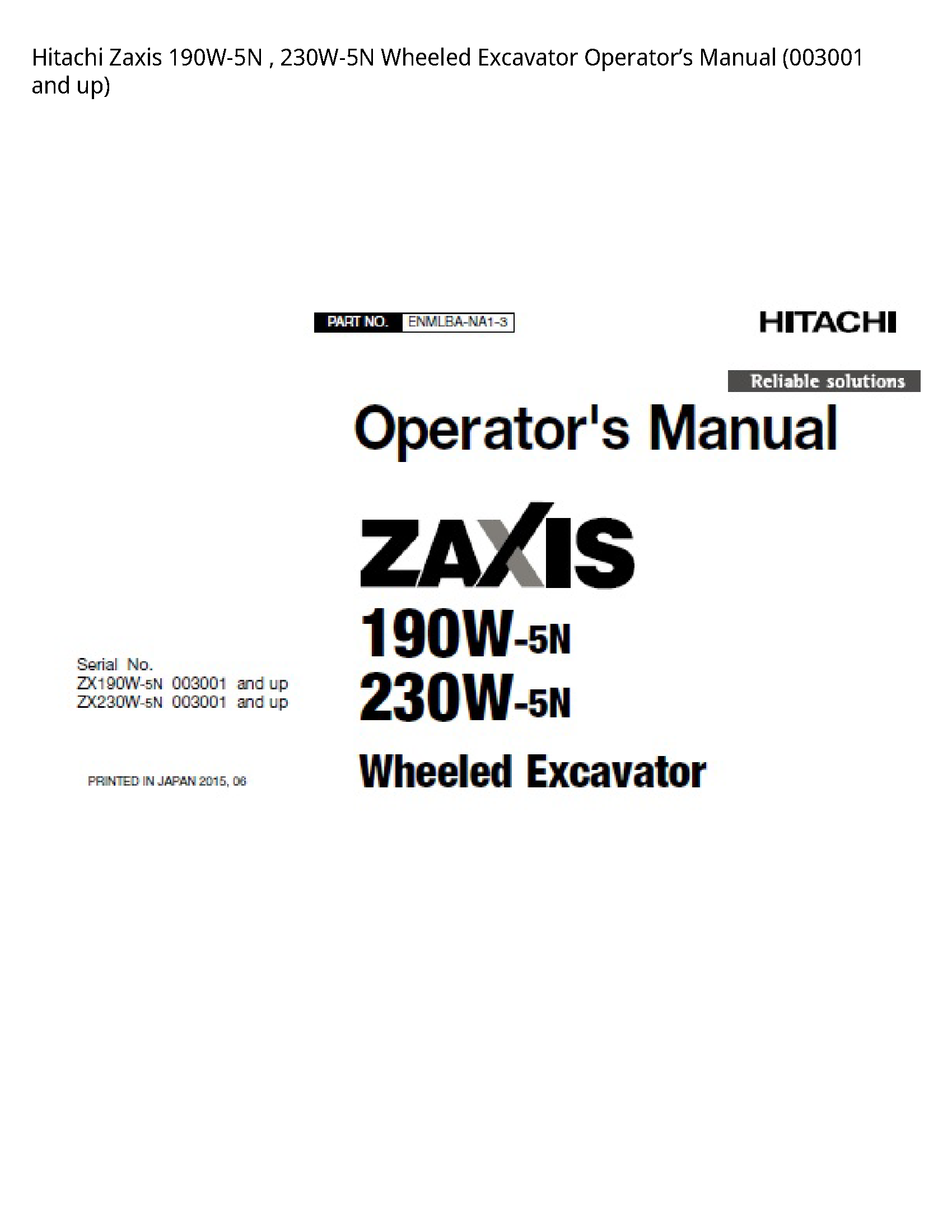 Hitachi 190W-5N Zaxis Wheeled Excavator Operator’s manual