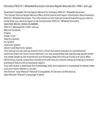 Komatsu PW210-1 Wheeled Excavator Service Repair Manual (SN: 10001 and up) preview