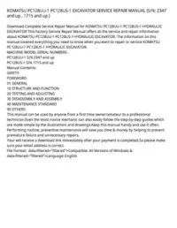 KOMATSU PC128UU-1 PC128US-1 EXCAVATOR SERVICE REPAIR MANUAL (S/N: 2347 and up   1715 and up ) preview