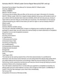 Komatsu WA270-7 Wheel Loader Service Repair Manual (A27001 and up) preview