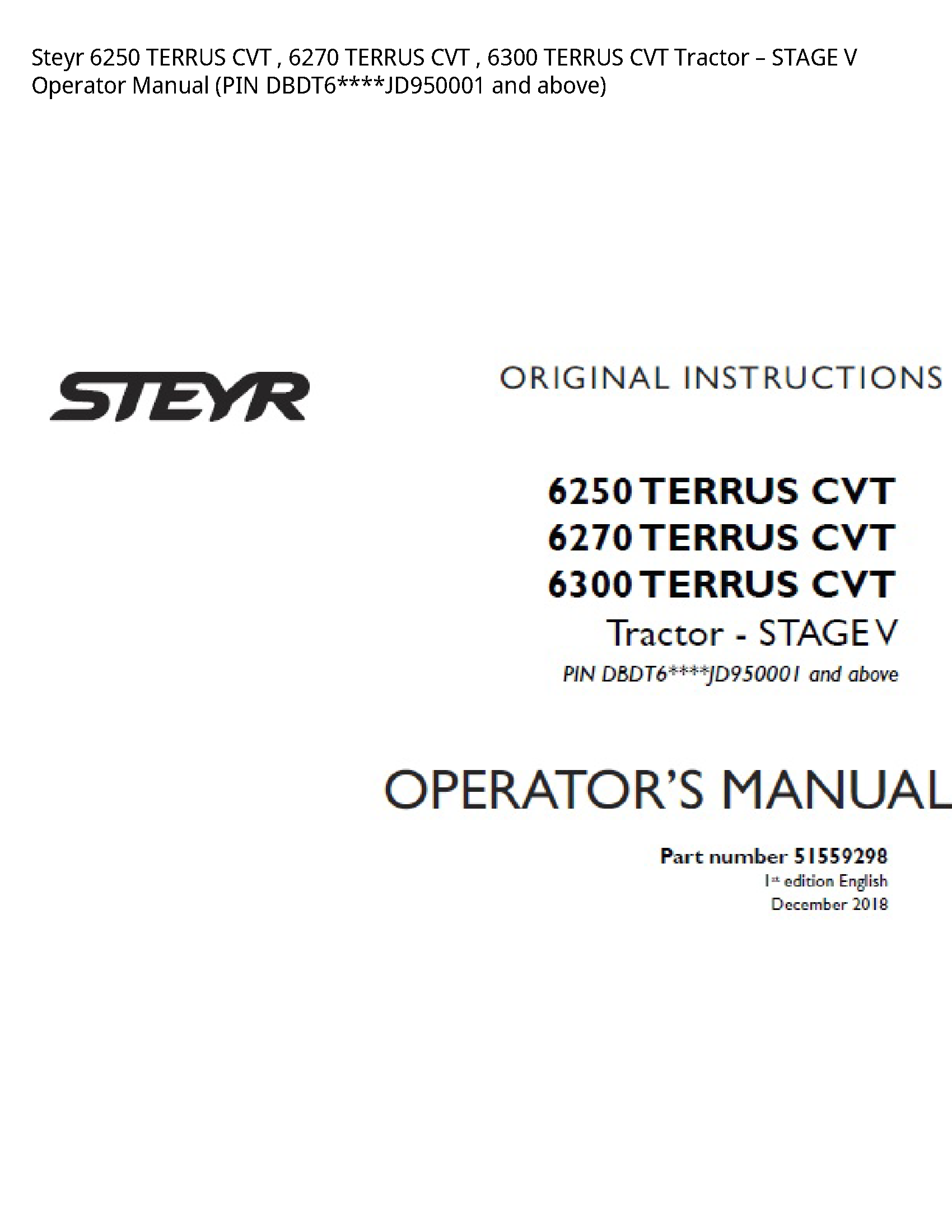Steyr 6250 TERRUS CVT TERRUS CVT TERRUS CVT Tractor STAGE Operator manual