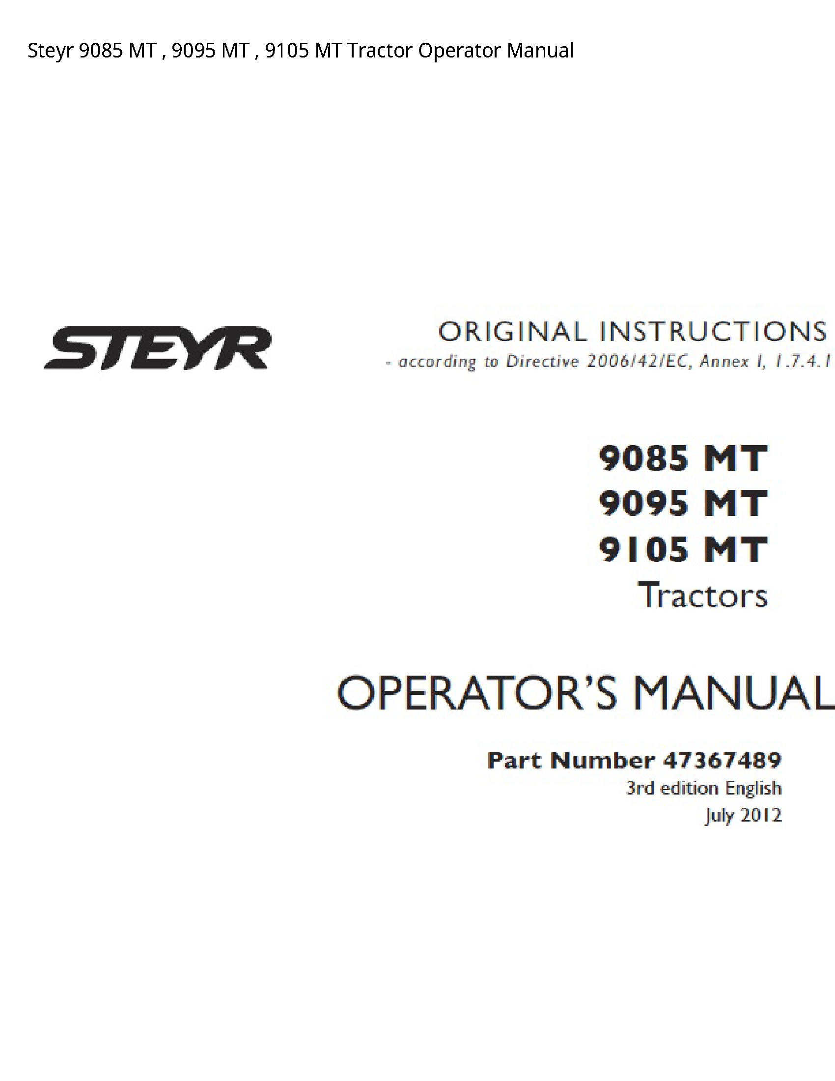 Steyr 9085 MT MT MT Tractor Operator manual