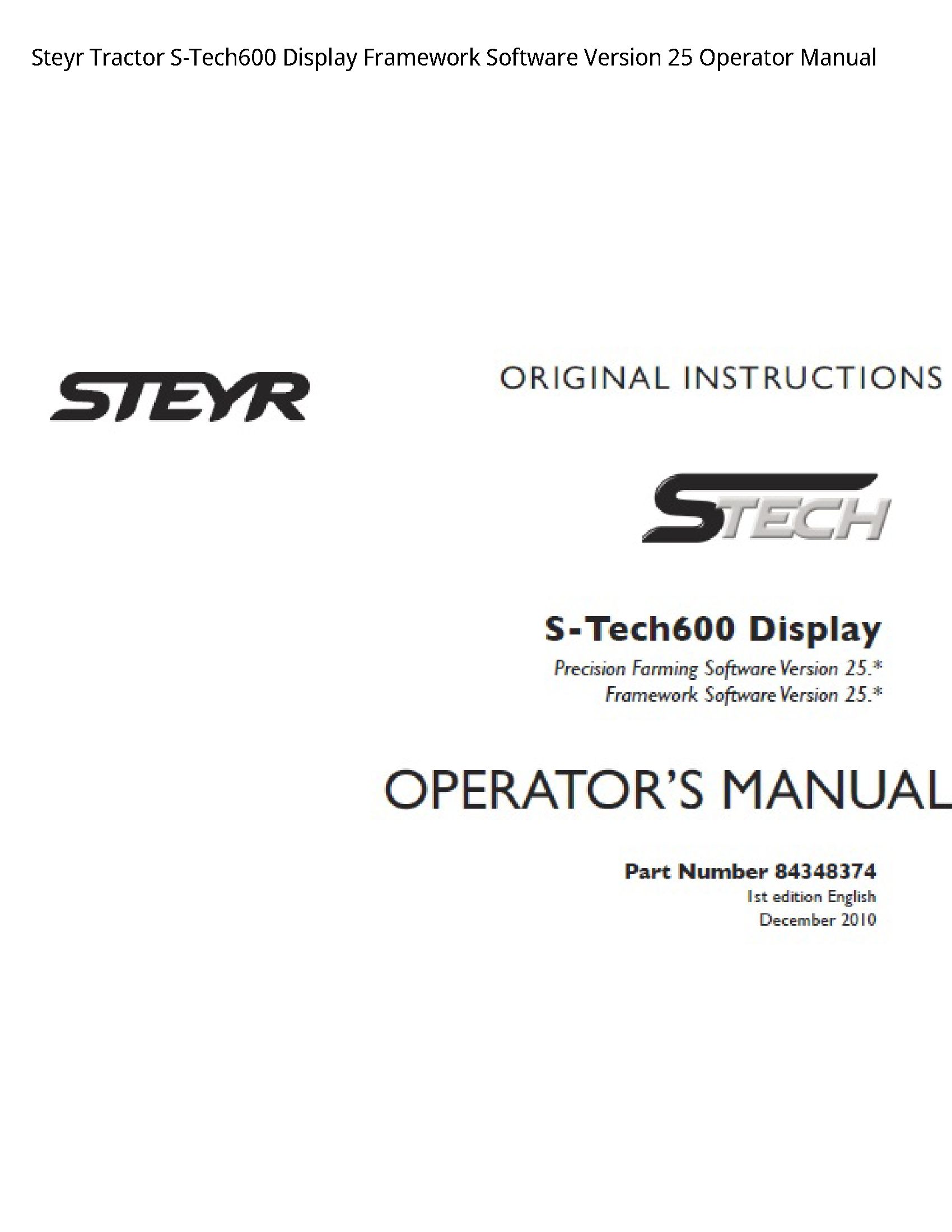 Steyr S-Tech600 Tractor Display Framework Software Version Operator manual