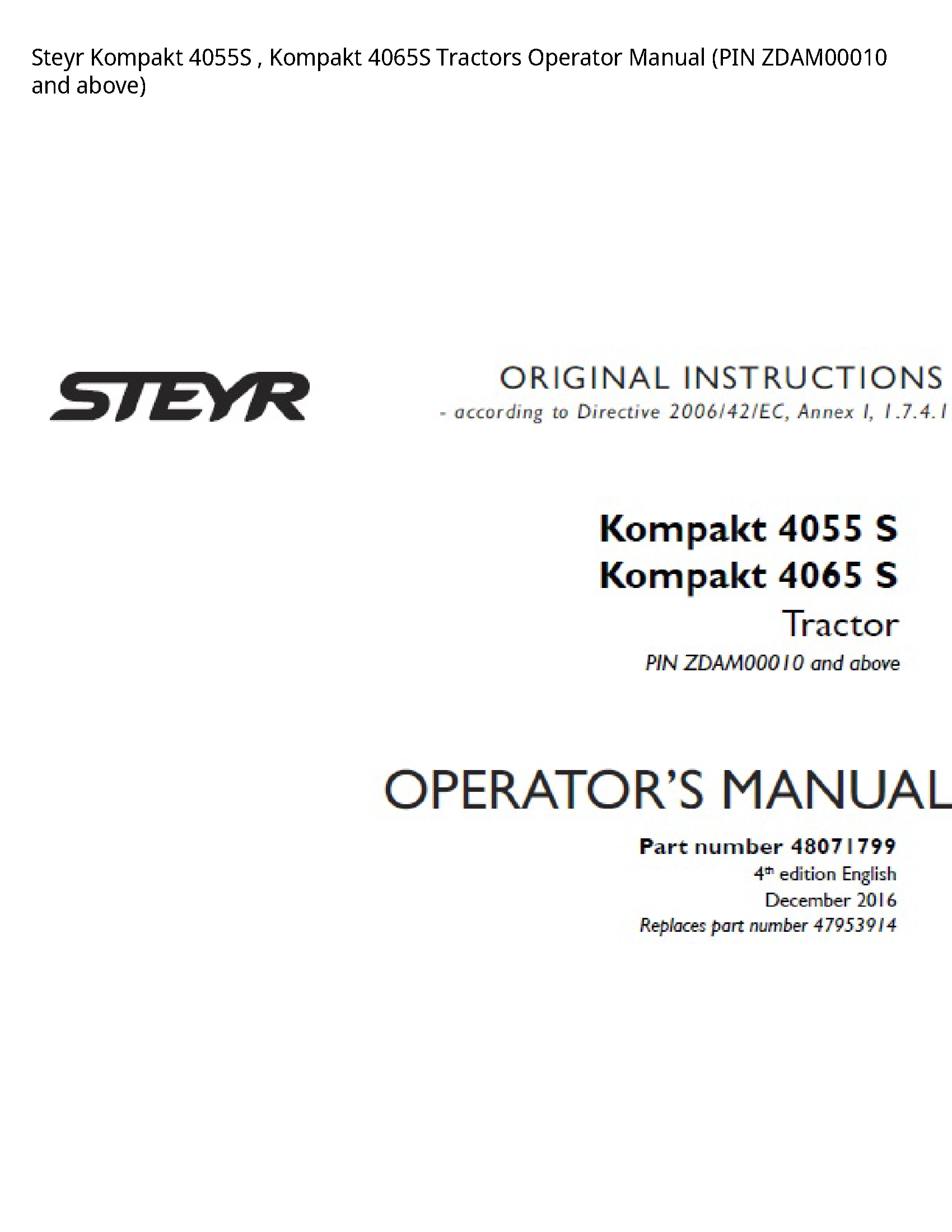 Steyr 4055S Kompakt Kompakt Tractors Operator manual