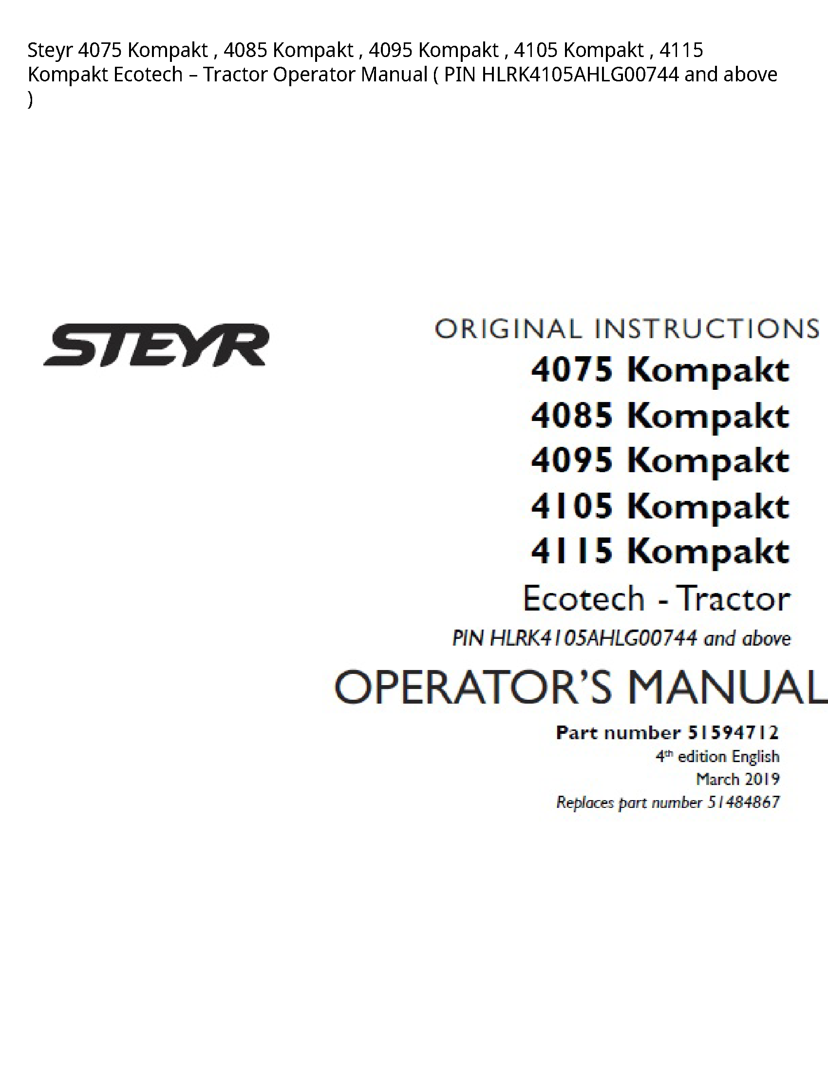 Steyr 4075 Kompakt Kompakt Kompakt Kompakt Kompakt Ecotech Tractor Operator manual