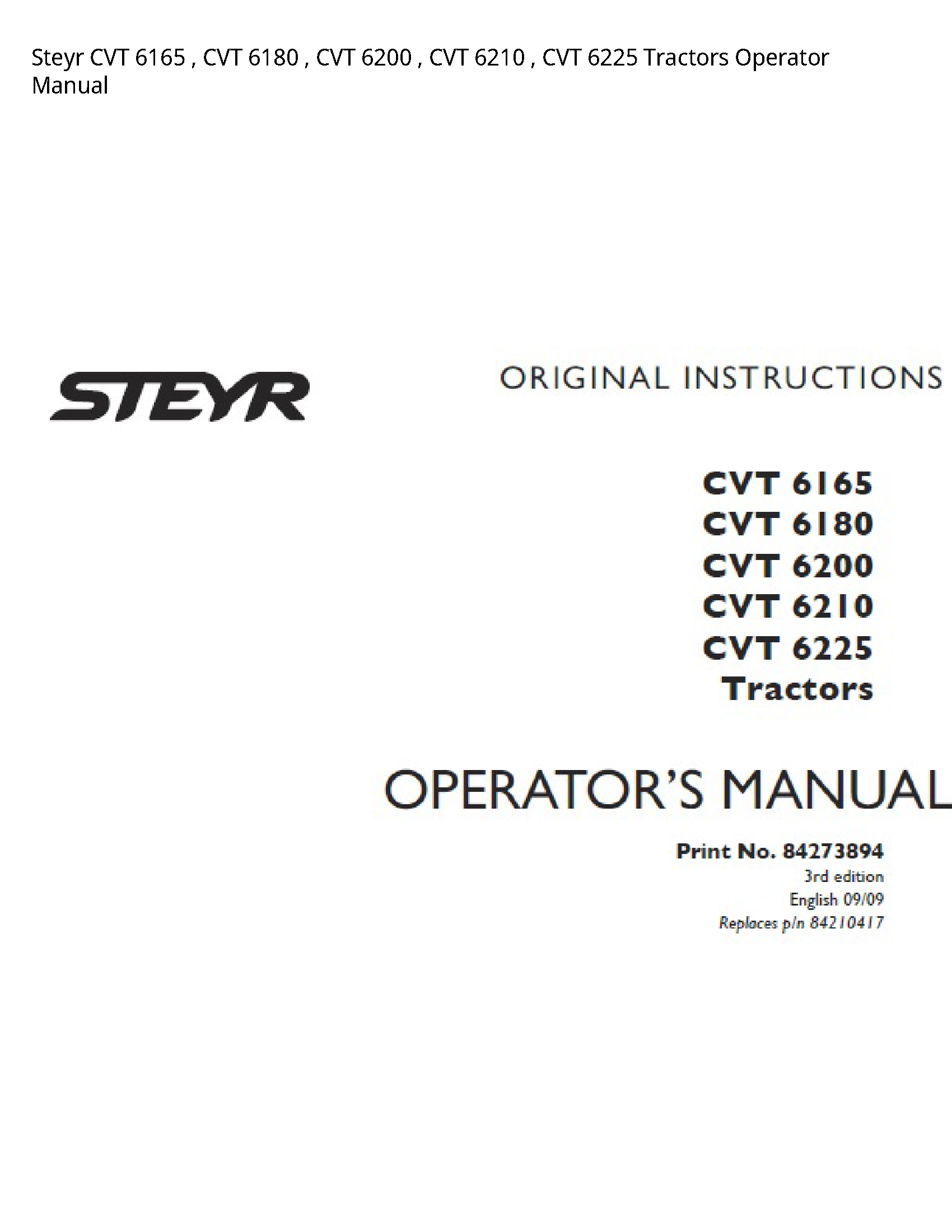 Steyr 6165 CVT CVT CVT CVT CVT Tractors Operator manual