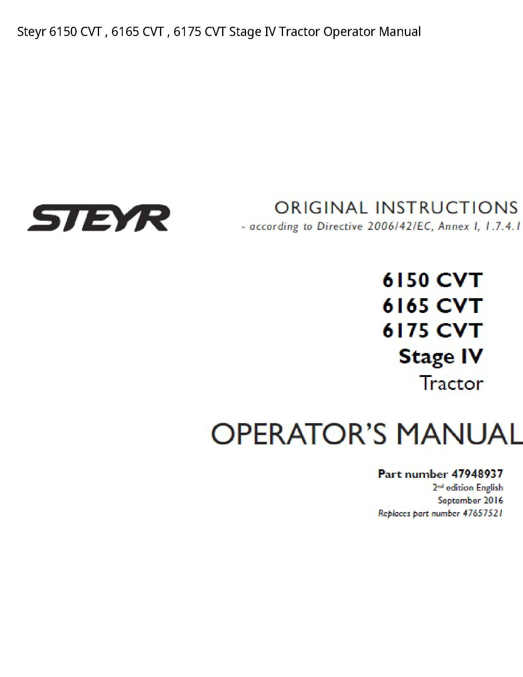 Steyr 6150 CVT CVT CVT Stage IV Tractor Operator manual