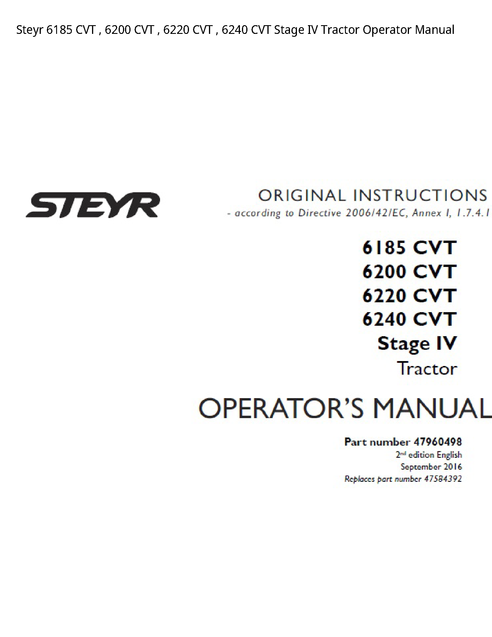 Steyr 6185 CVT CVT CVT CVT Stage IV Tractor Operator manual