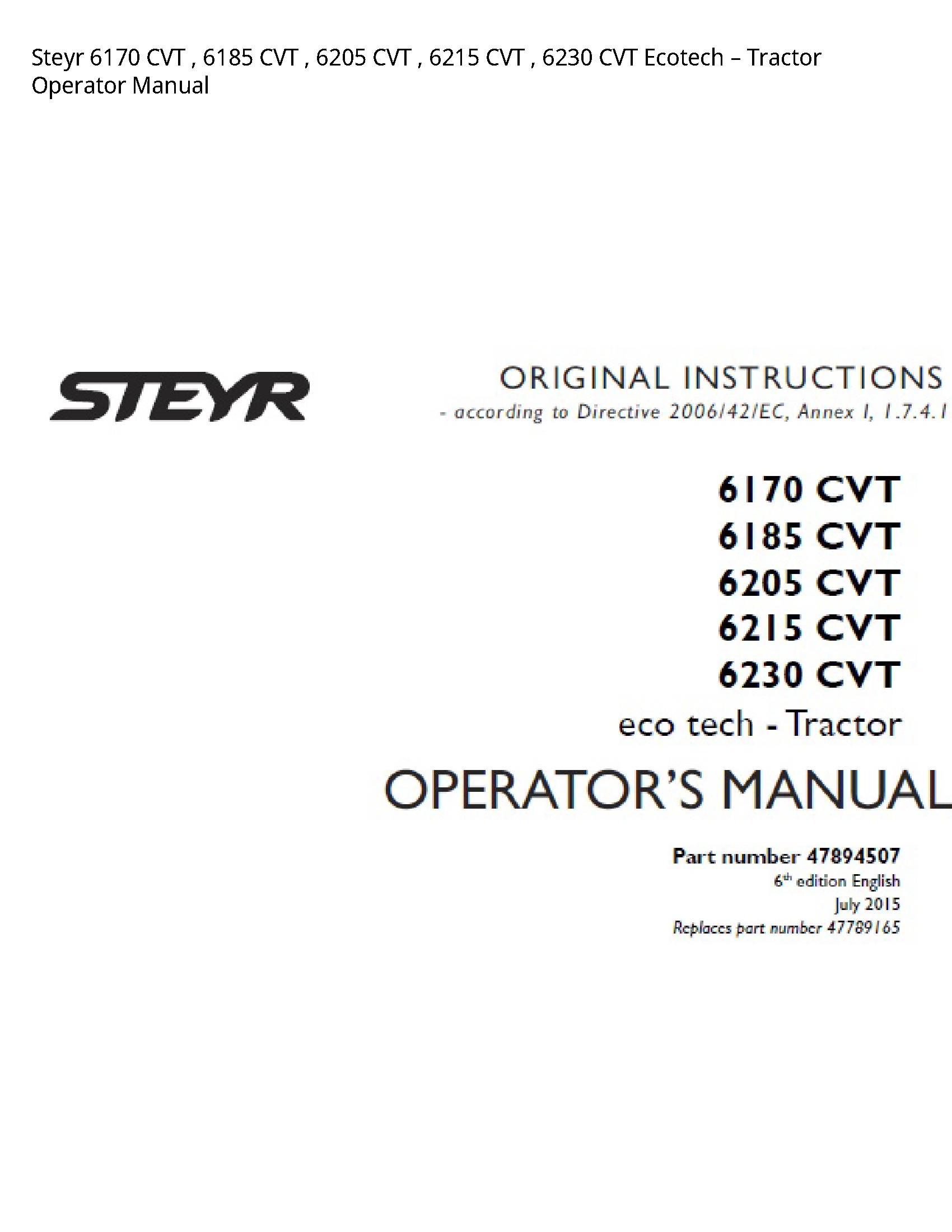 Steyr 6170 CVT CVT CVT CVT CVT Ecotech Tractor Operator manual