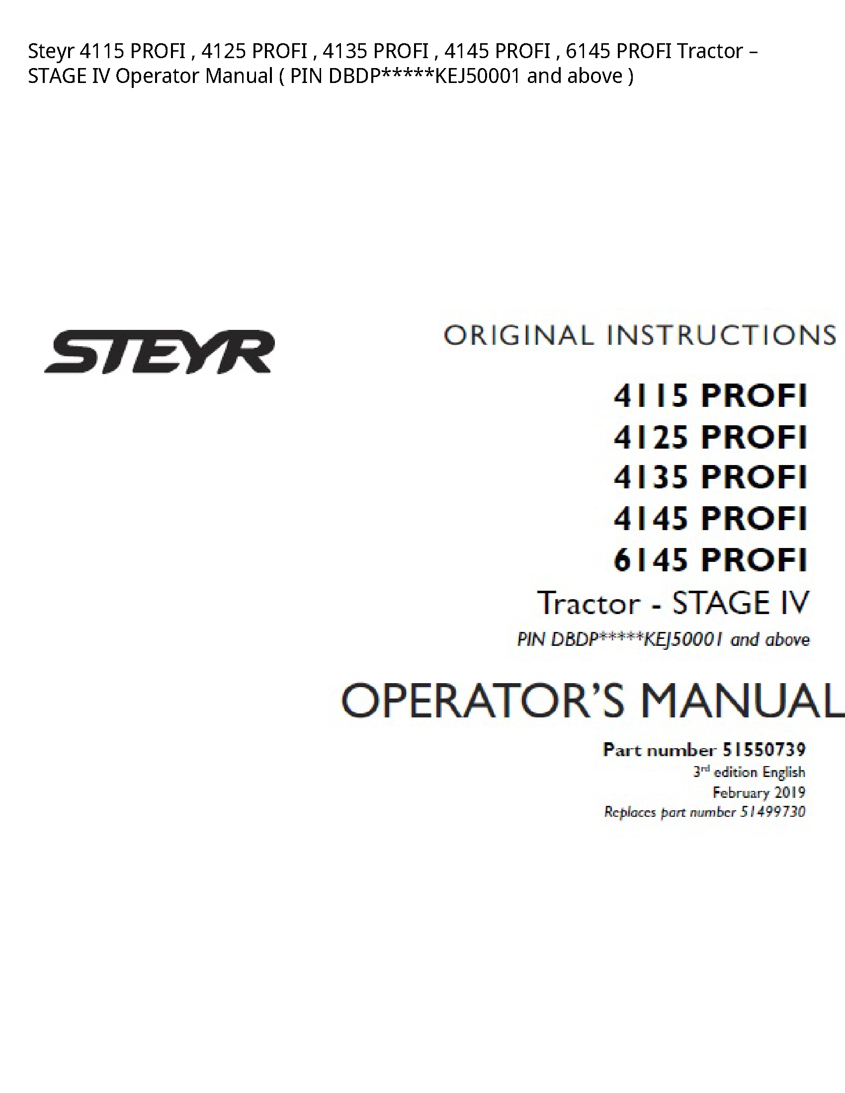 Steyr 4115 PROFI PROFI PROFI PROFI PROFI Tractor STAGE IV Operator manual