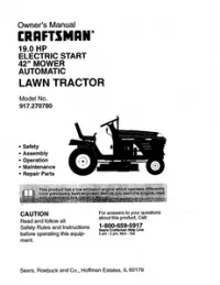 Craftsman 19.0 HP Electric Start 42 Mower Automatic Lawn Tractor Model 917.270780 Owner Manual preview