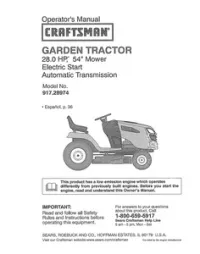 Craftsman Garden Tractor 28.0 HP 54 Mower Electric Start Automatic Transmission Model 917.28974 preview