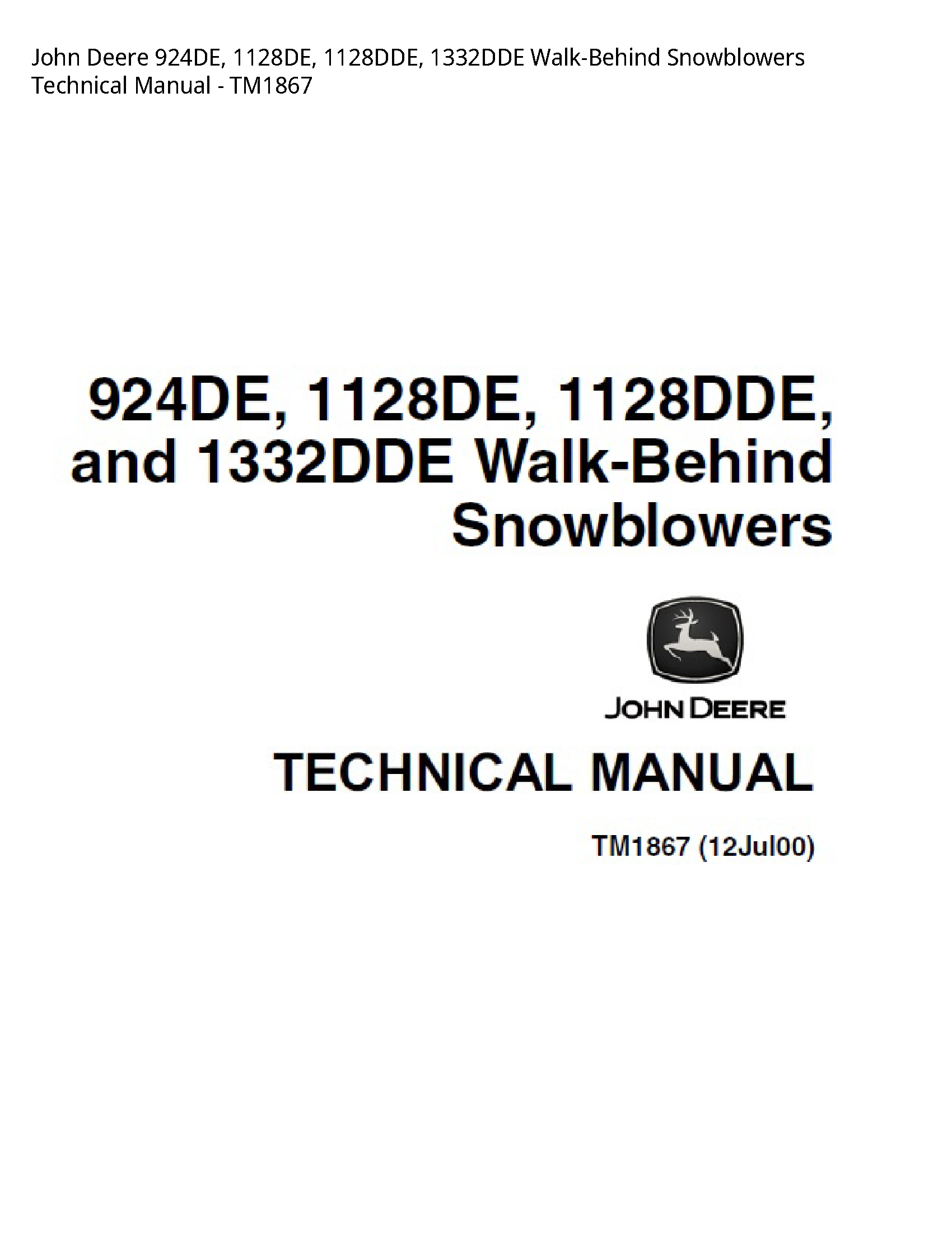 John Deere 924DE Walk-Behind Snowblowers Technical manual