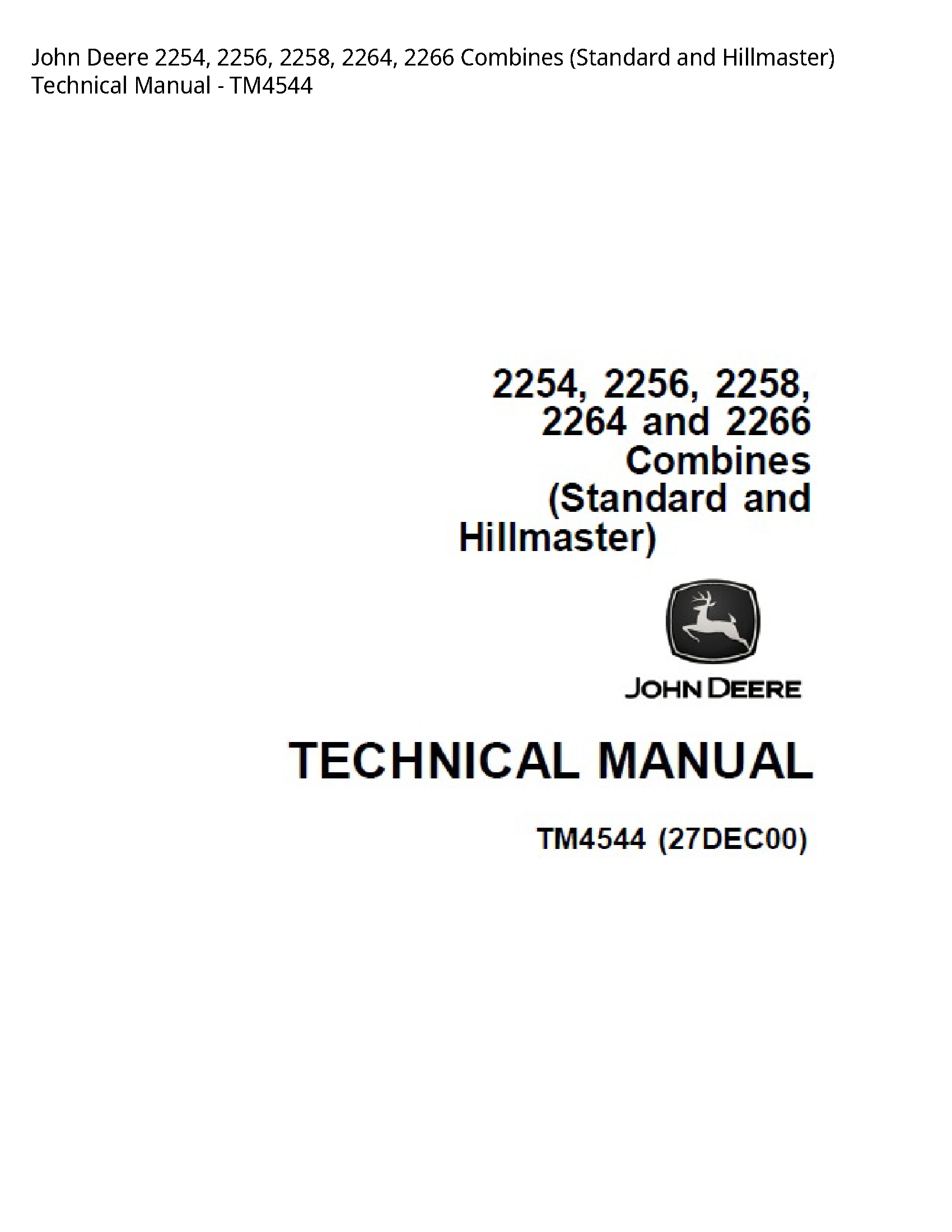 John Deere 2254 Combines Standard  Hillmaster Technical manual