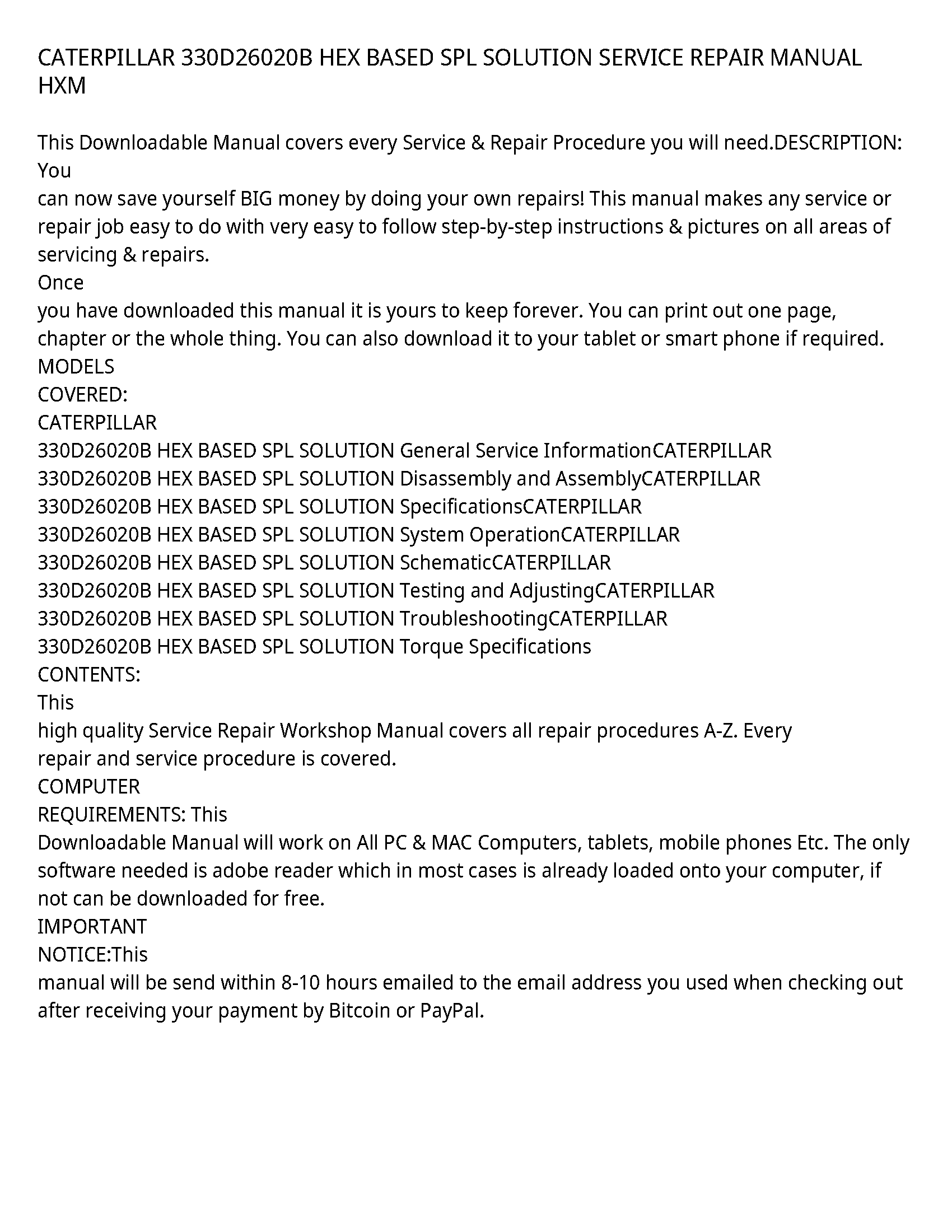 Caterpillar 330D26020B service manual