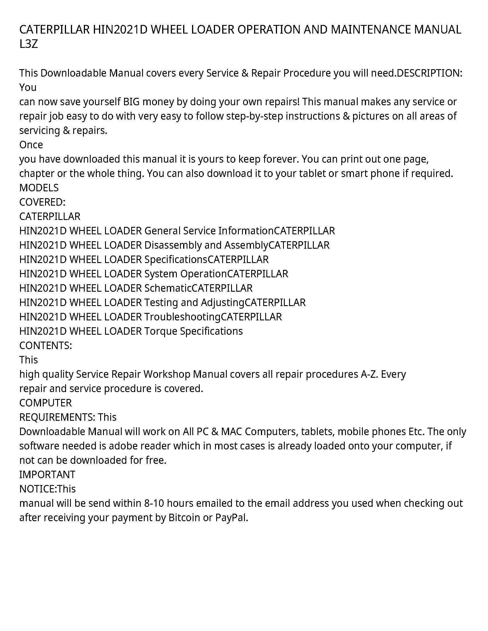 Caterpillar HIN2021D service manual