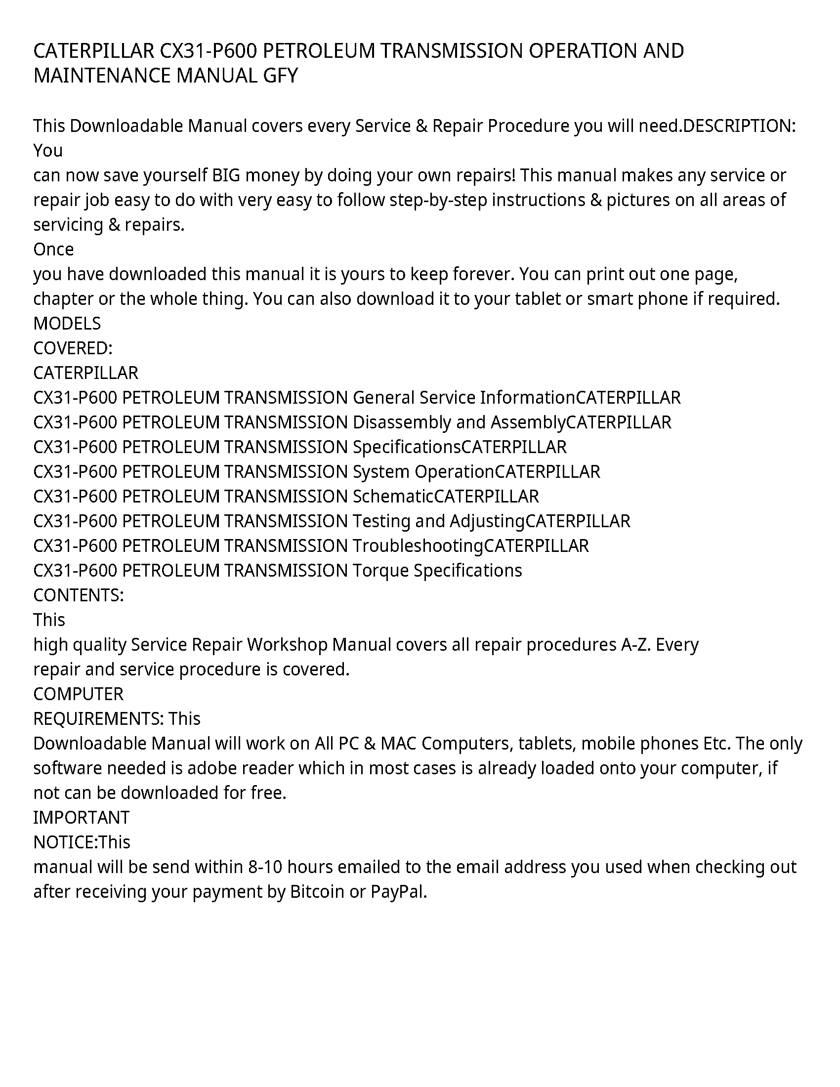 Caterpillar CX31-P600 service manual