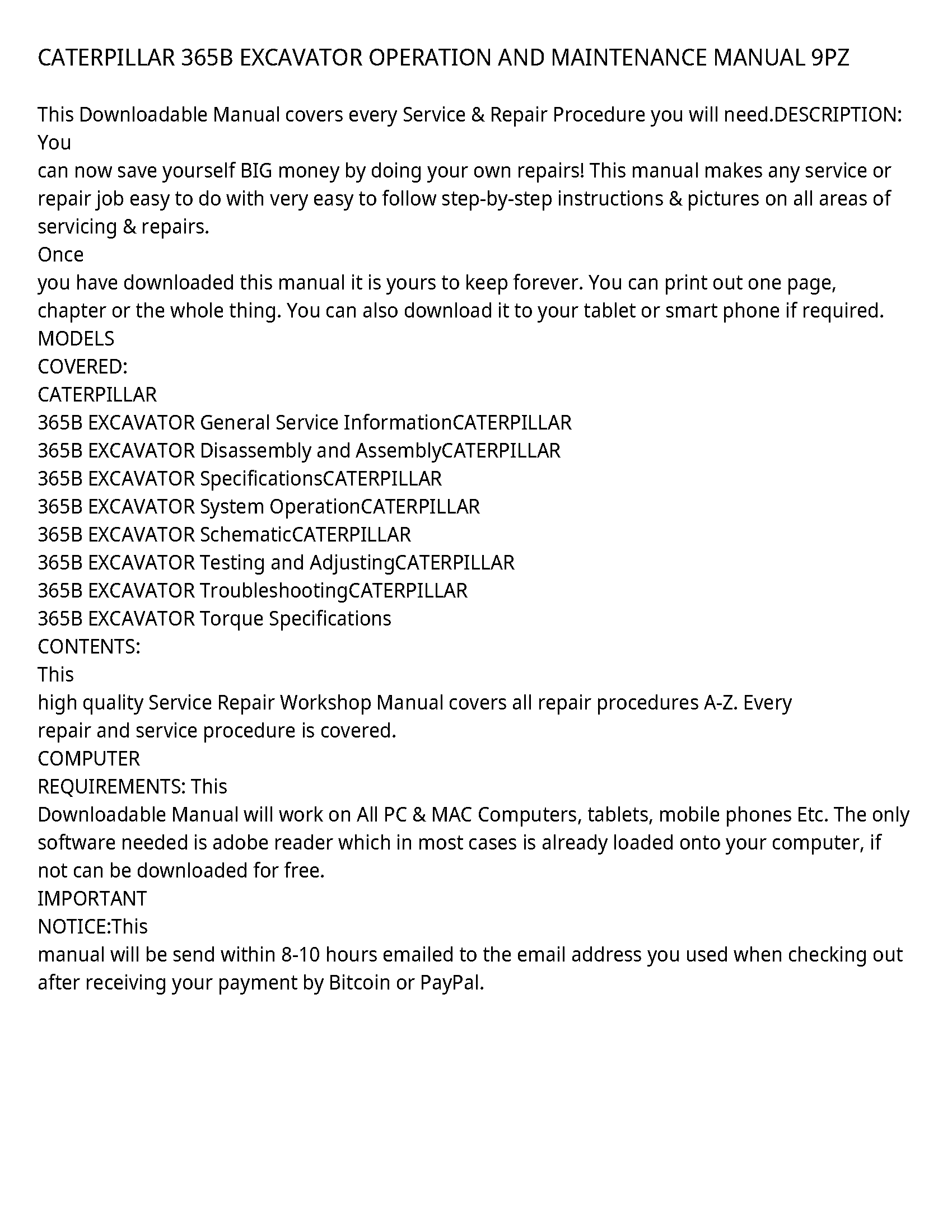 Caterpillar 365B service manual