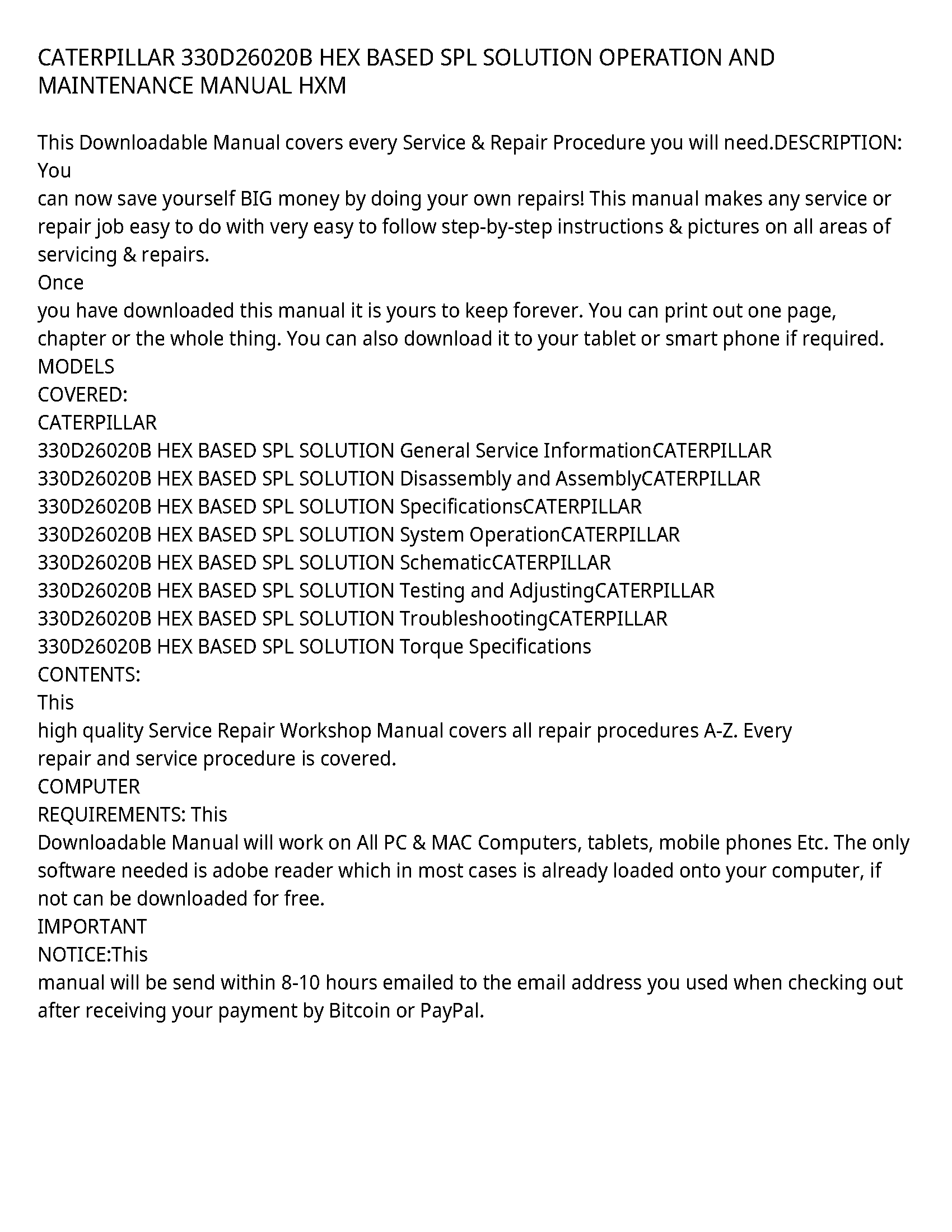 Caterpillar 330D26020B service manual
