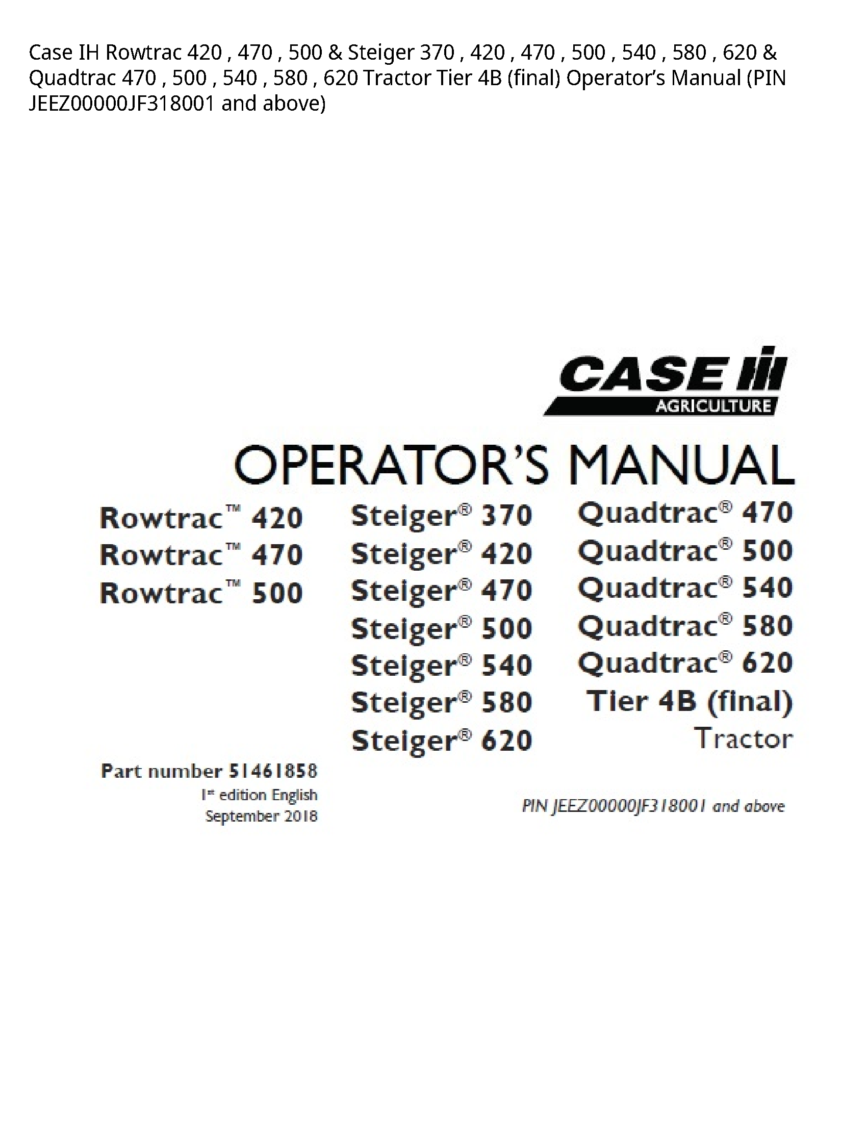 Case/Case IH 420 IH Rowtrac Steiger Quadtrac Tractor Tier (final) Operator’s manual