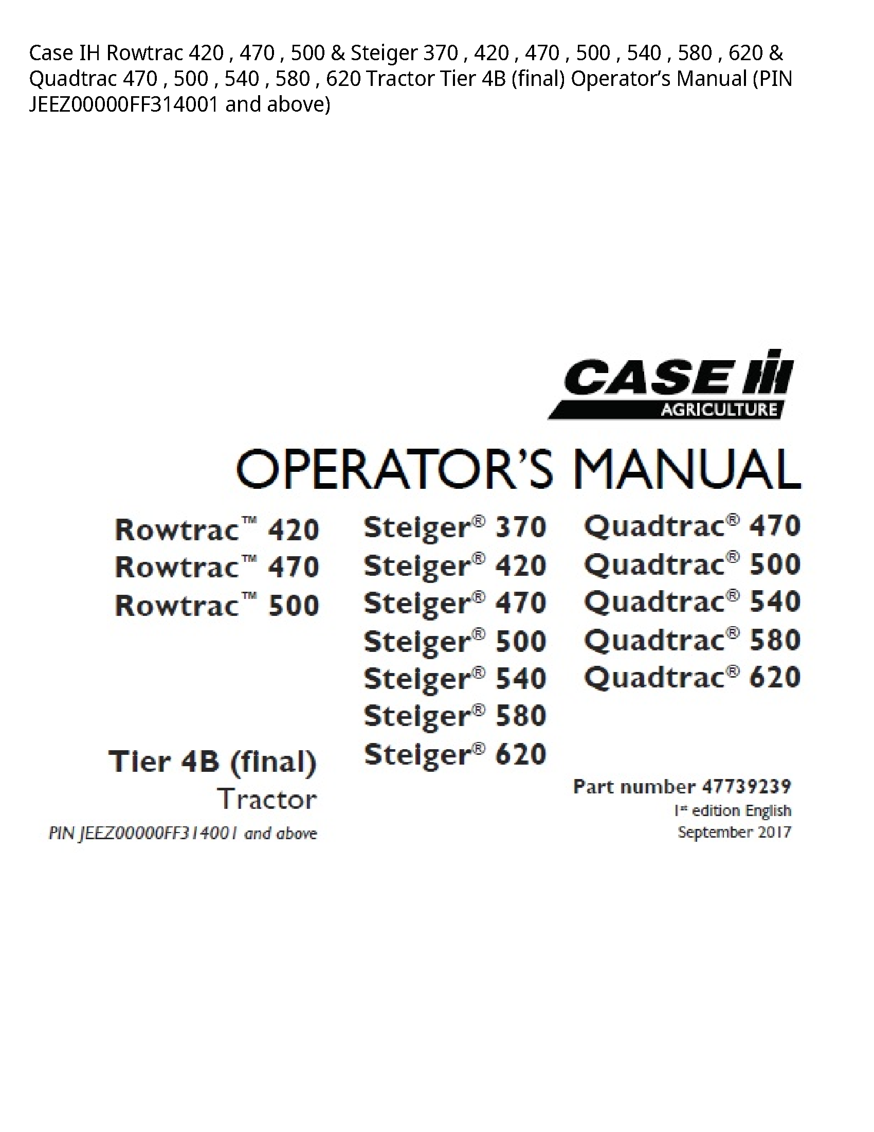 Case/Case IH 420 IH Rowtrac Steiger Quadtrac Tractor Tier (final) Operator’s manual