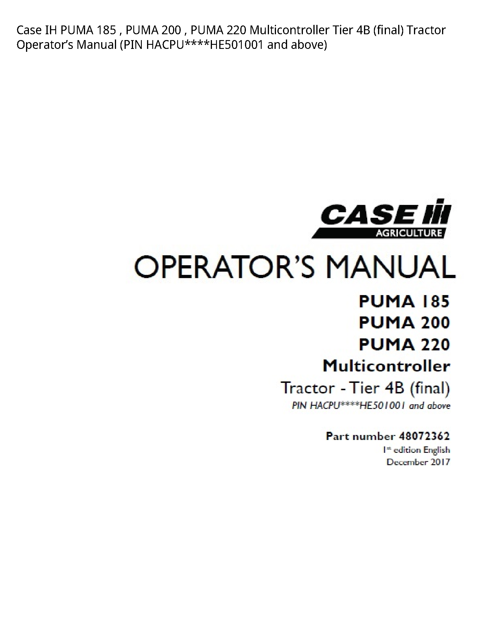 Case/Case IH 185 IH PUMA PUMA PUMA Multicontroller Tier (final) Tractor Operator’s manual