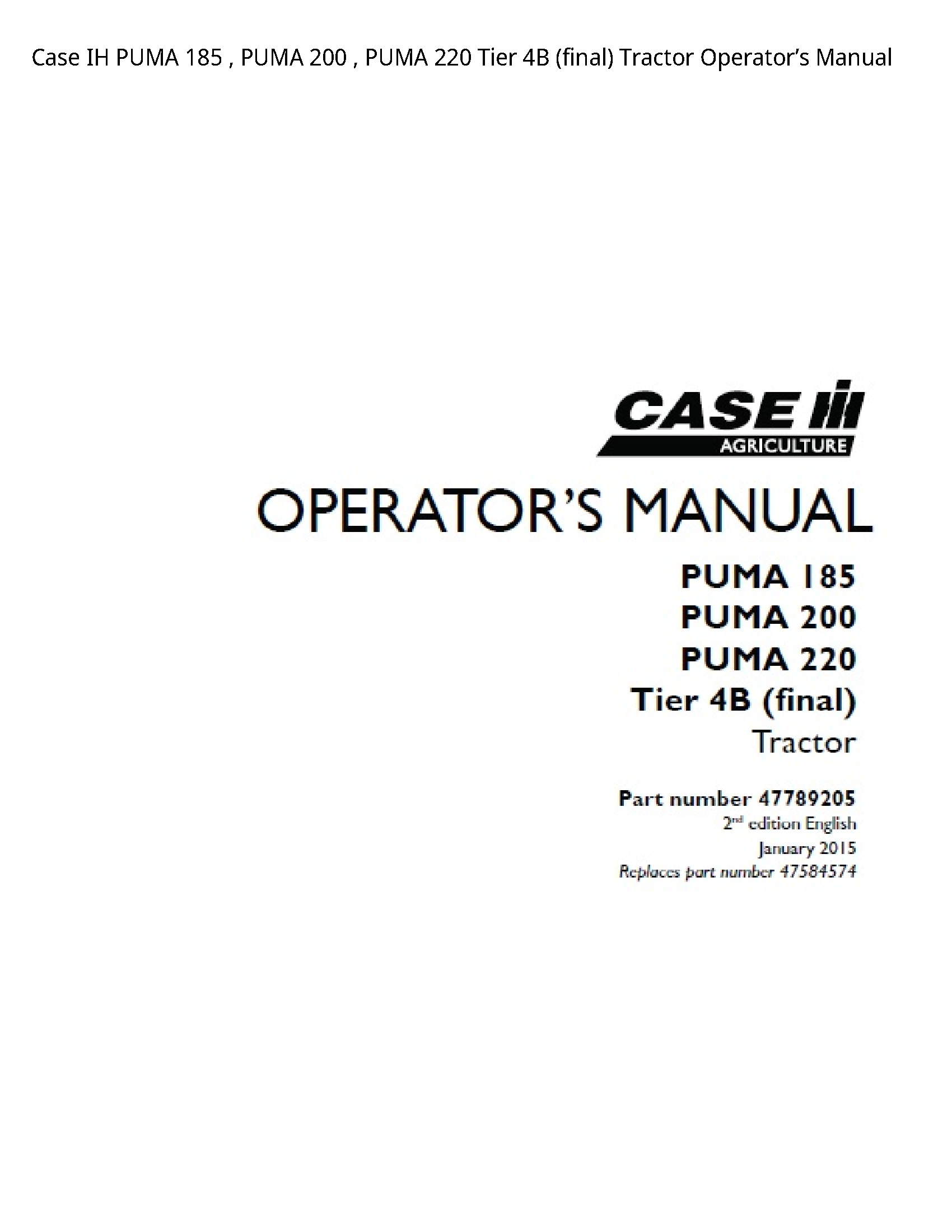 Case/Case IH 185 IH PUMA PUMA PUMA Tier (final) Tractor Operator’s manual