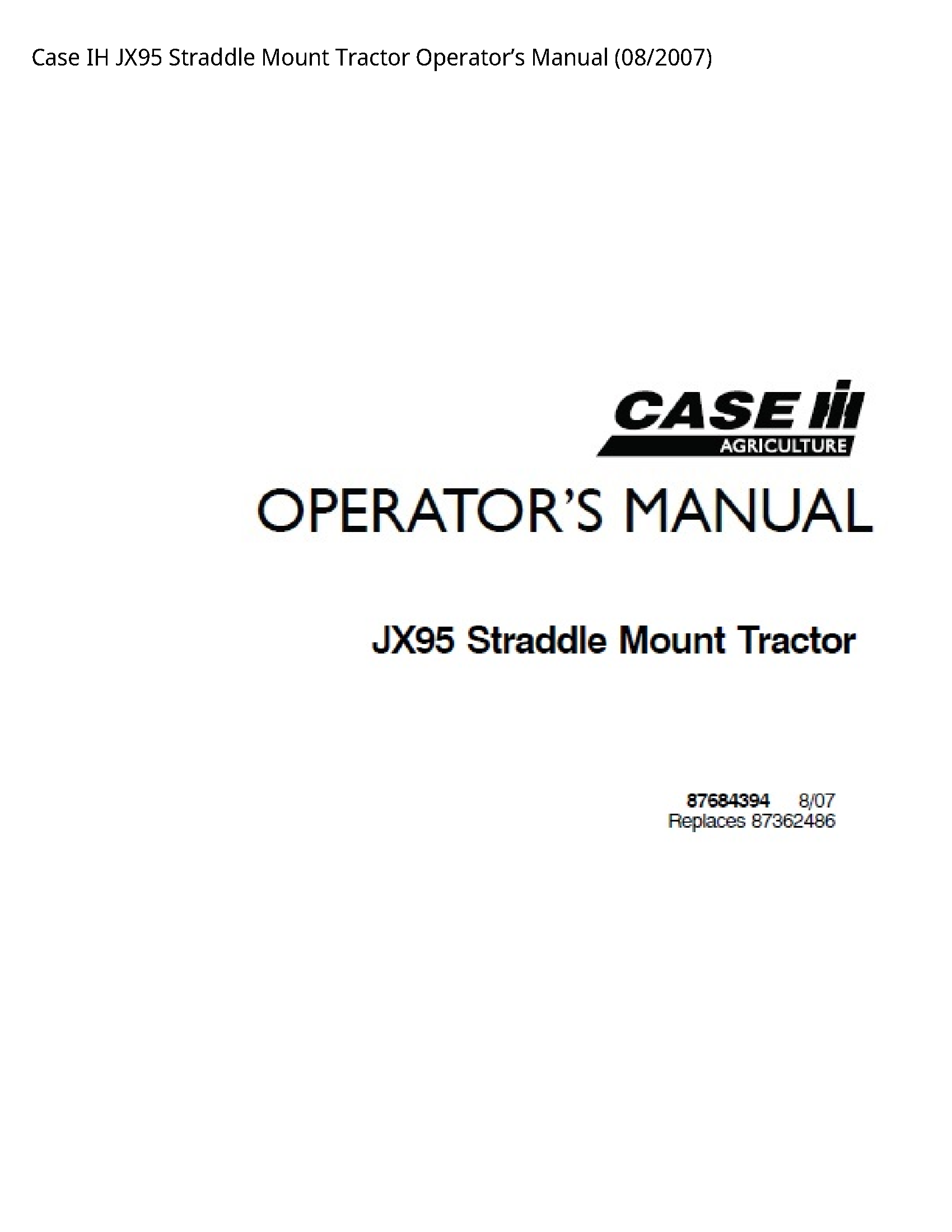 Case/Case IH JX95 IH Straddle Mount Tractor Operator’s manual