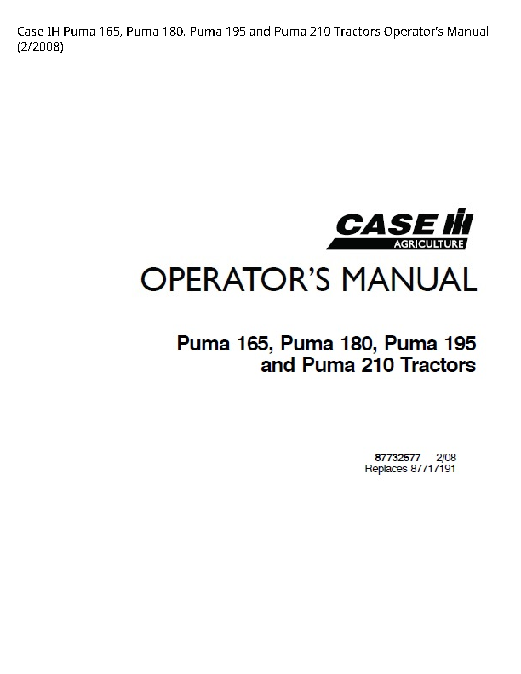 Case/Case IH 165 IH Puma Puma Puma  Puma Tractors Operator’s manual