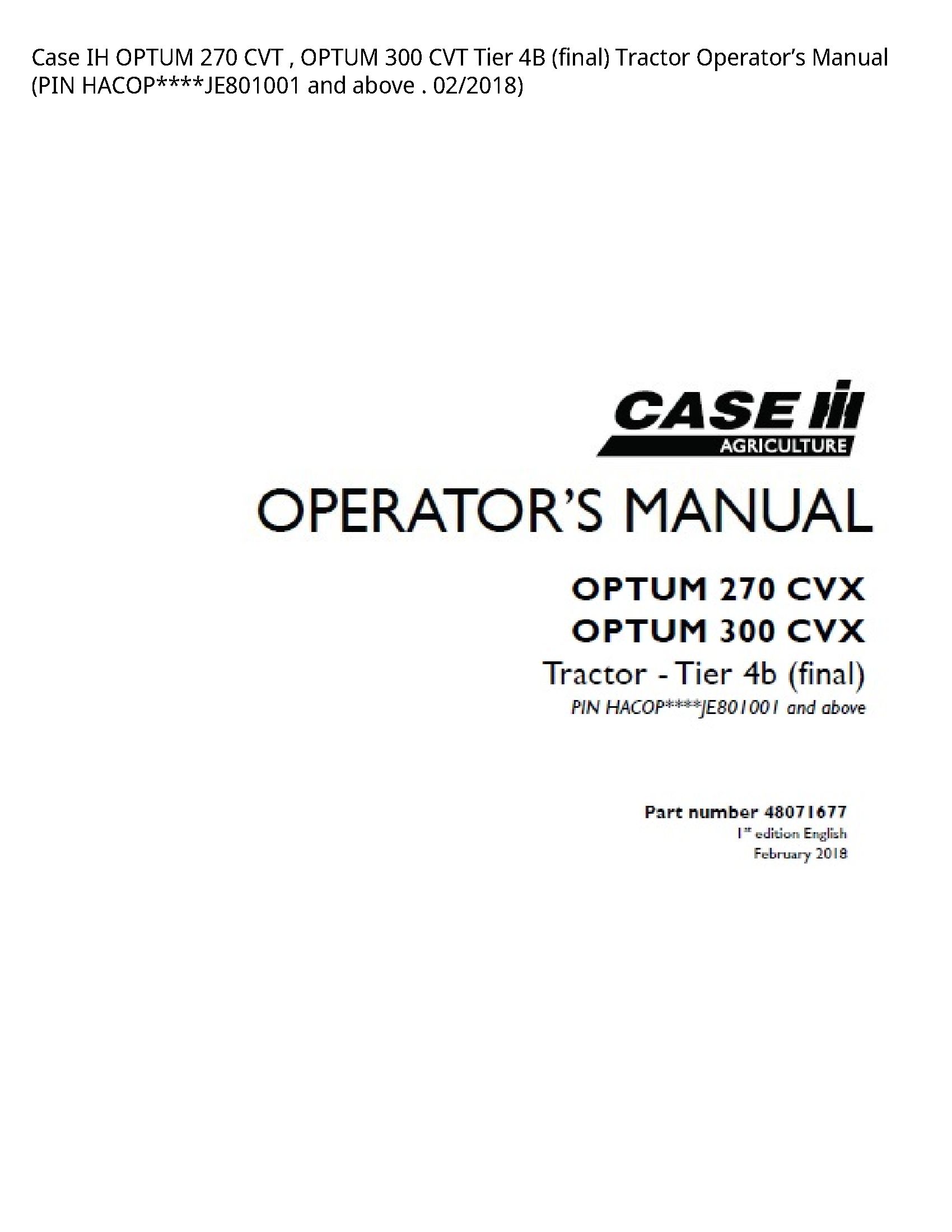 Case/Case IH 270 IH OPTUM CVT OPTUM CVT Tier (final) Tractor Operator’s manual
