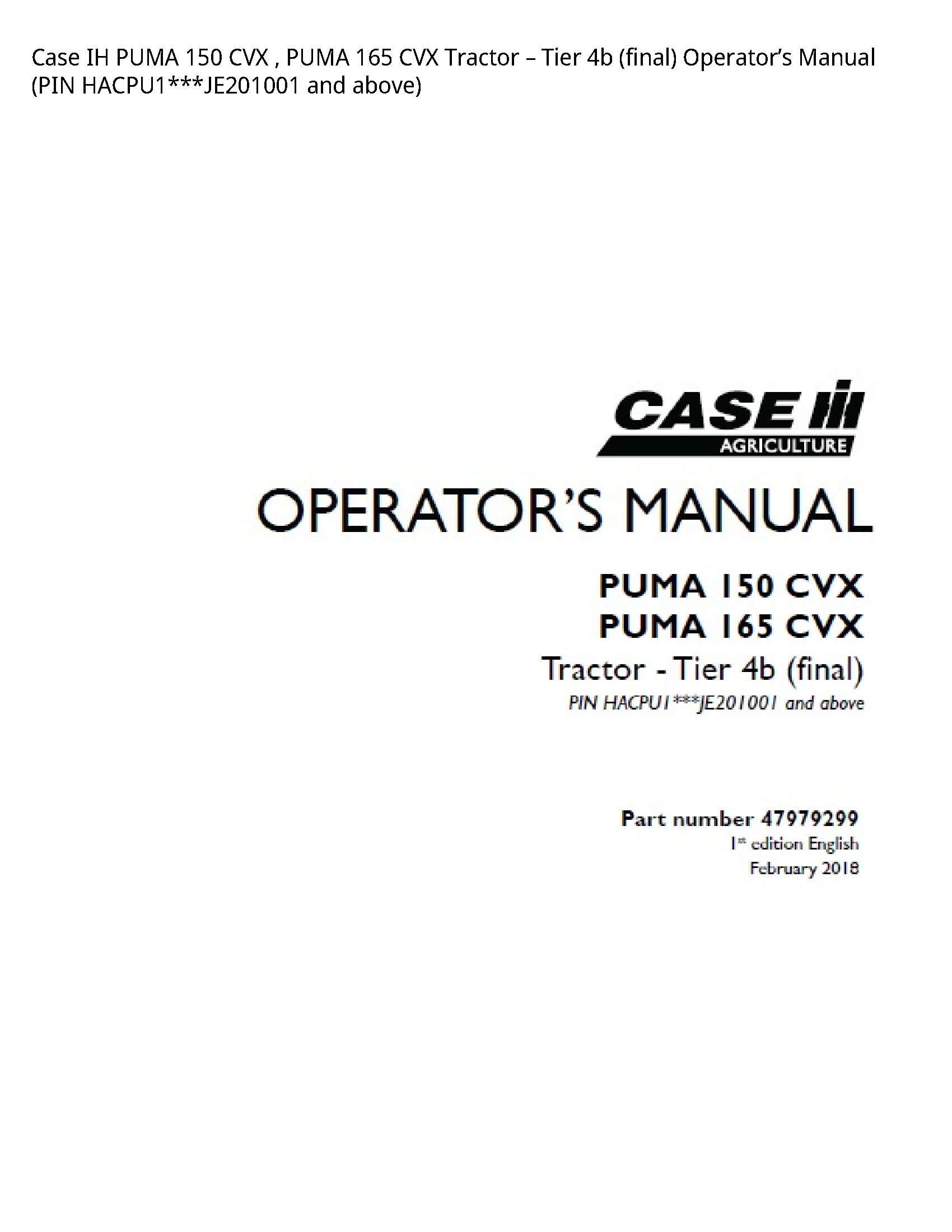 Case/Case IH 150 IH PUMA CVX PUMA CVX Tractor Tier (final) Operator’s manual