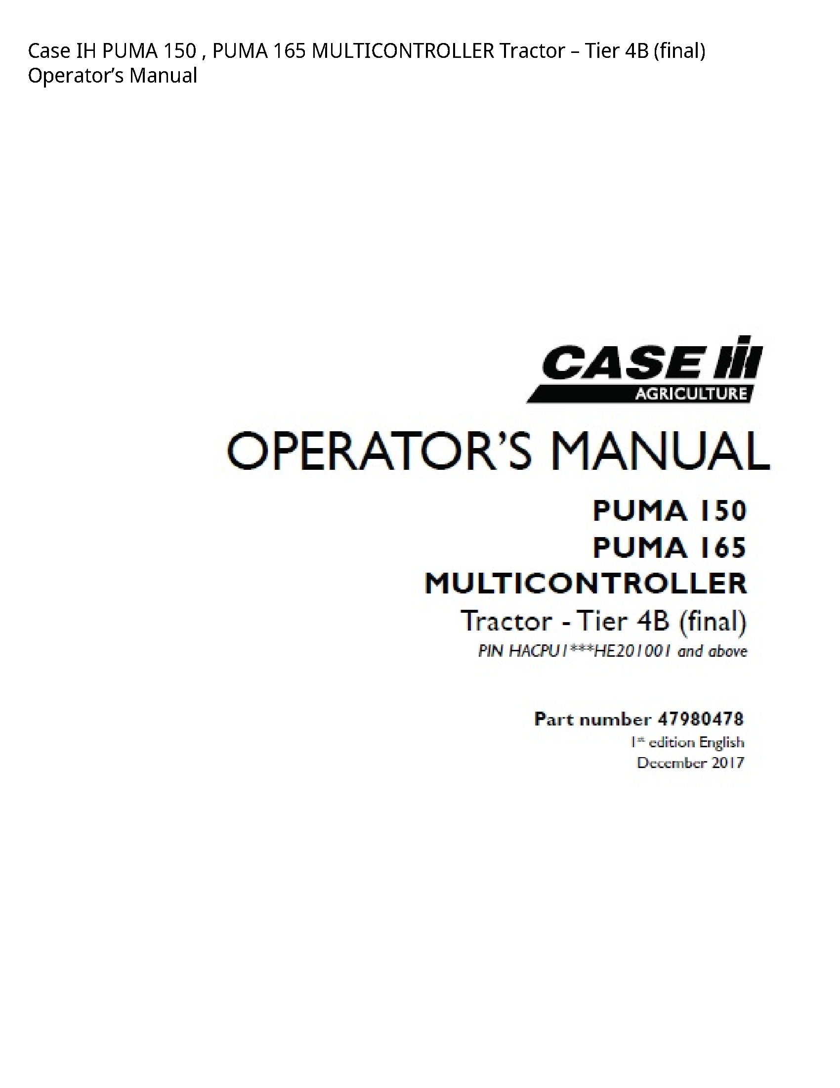 Case/Case IH 150 IH PUMA PUMA MULTICONTROLLER Tractor Tier (final) Operator’s manual