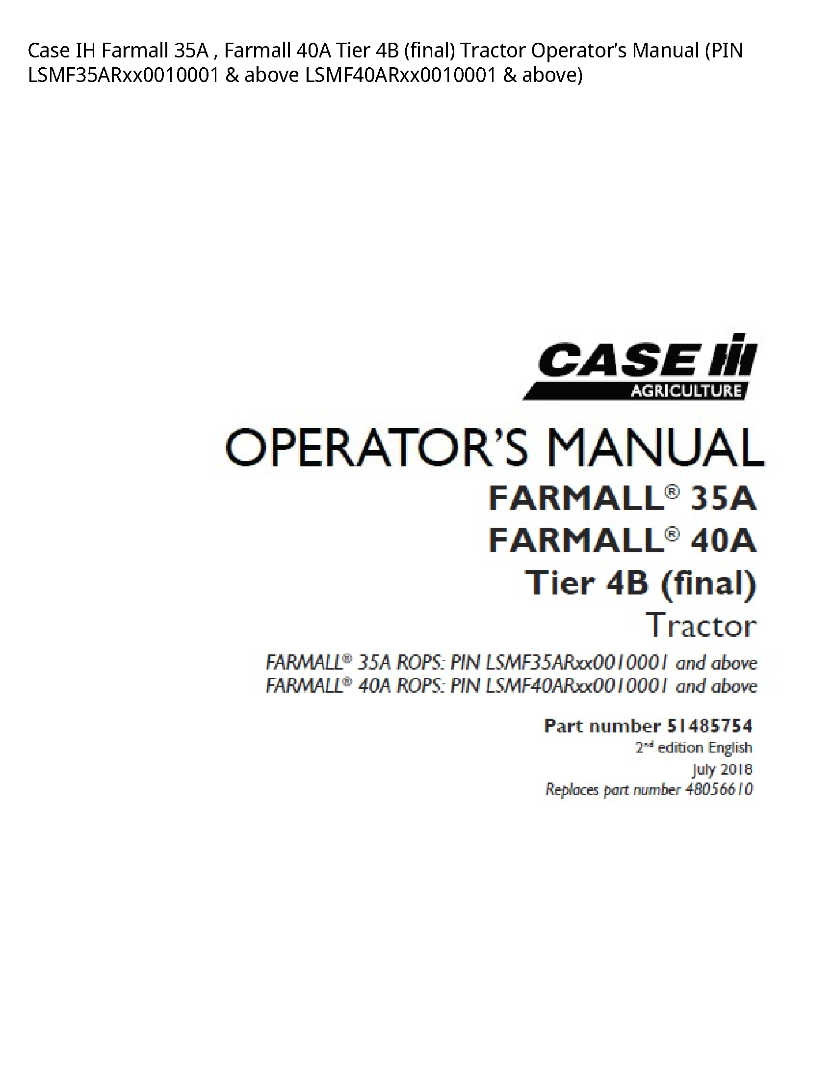 Case/Case IH 35A IH Farmall Farmall Tier (final) Tractor Operator’s manual