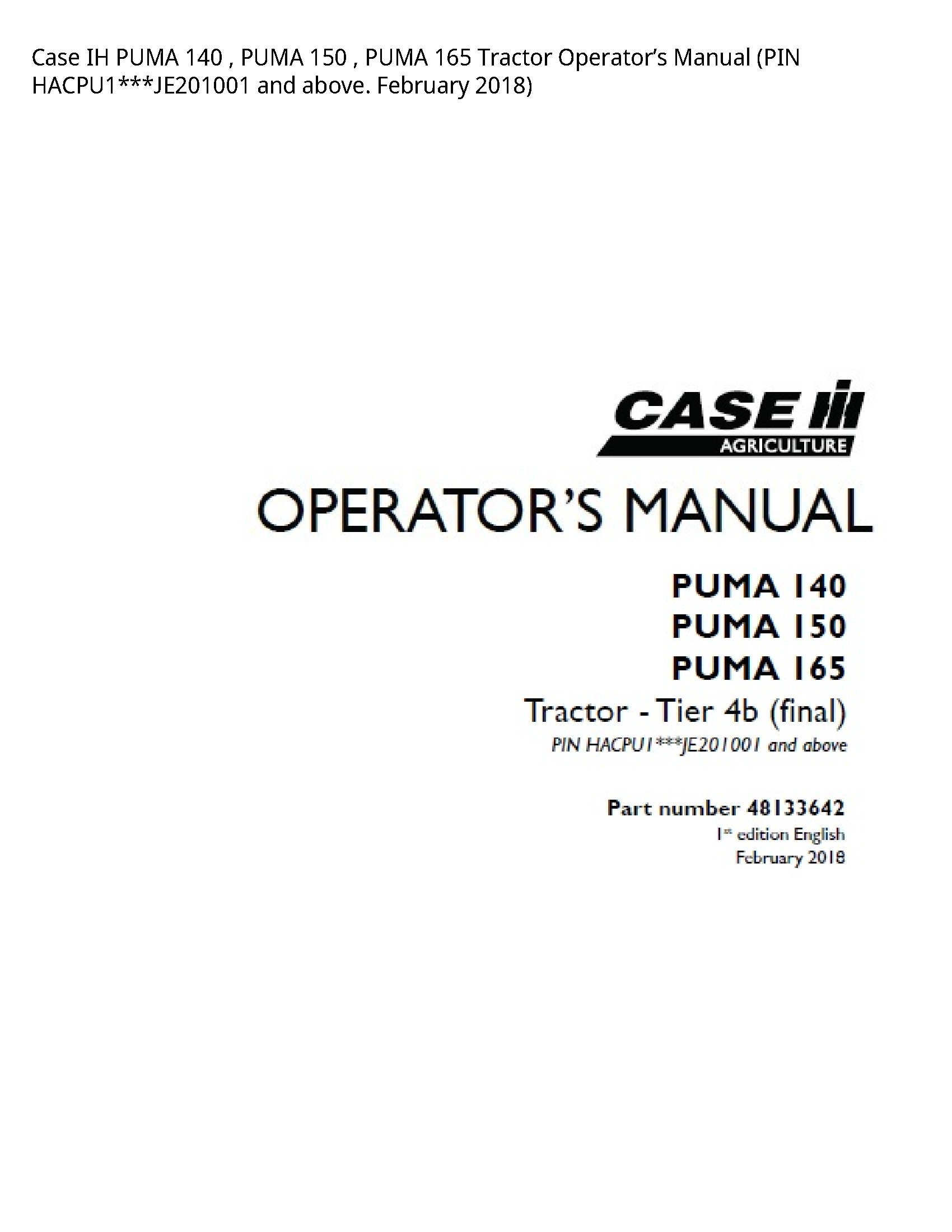 Case/Case IH 140 IH PUMA PUMA PUMA Tractor Operator’s manual