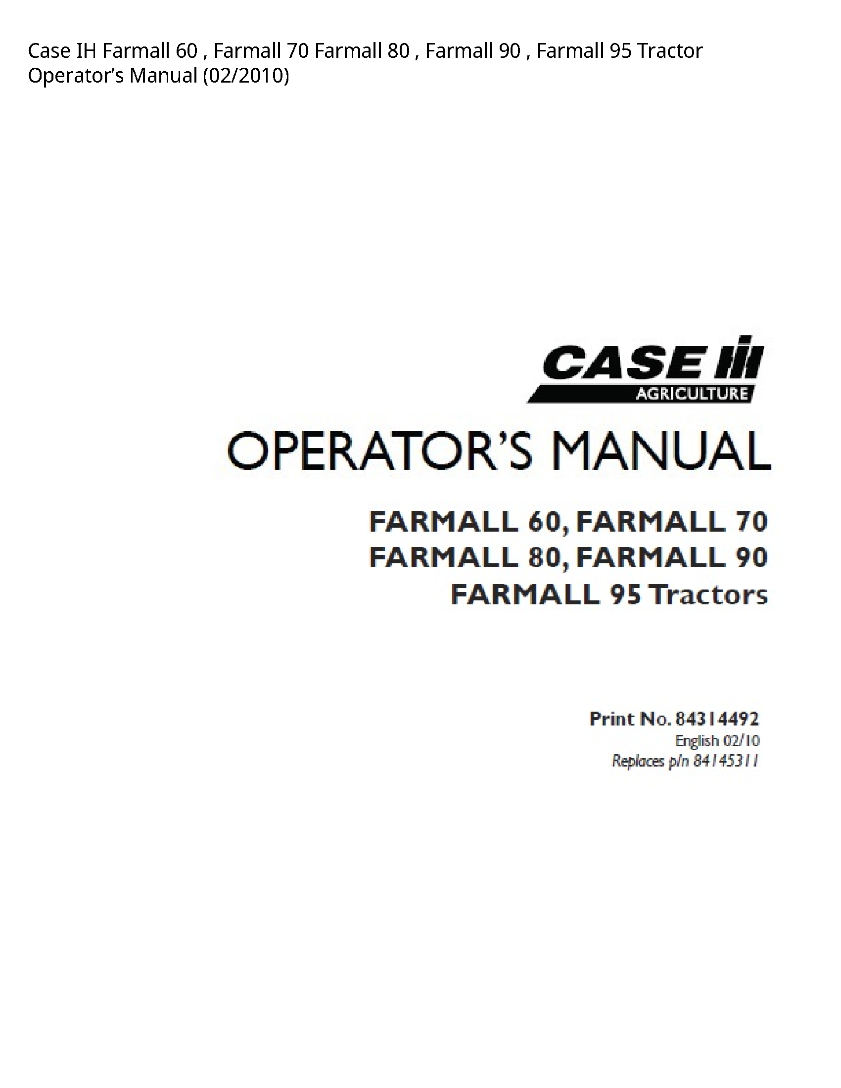 Case/Case IH 60 IH Farmall Farmall Farmall Farmall Farmall Tractor Operator’s manual