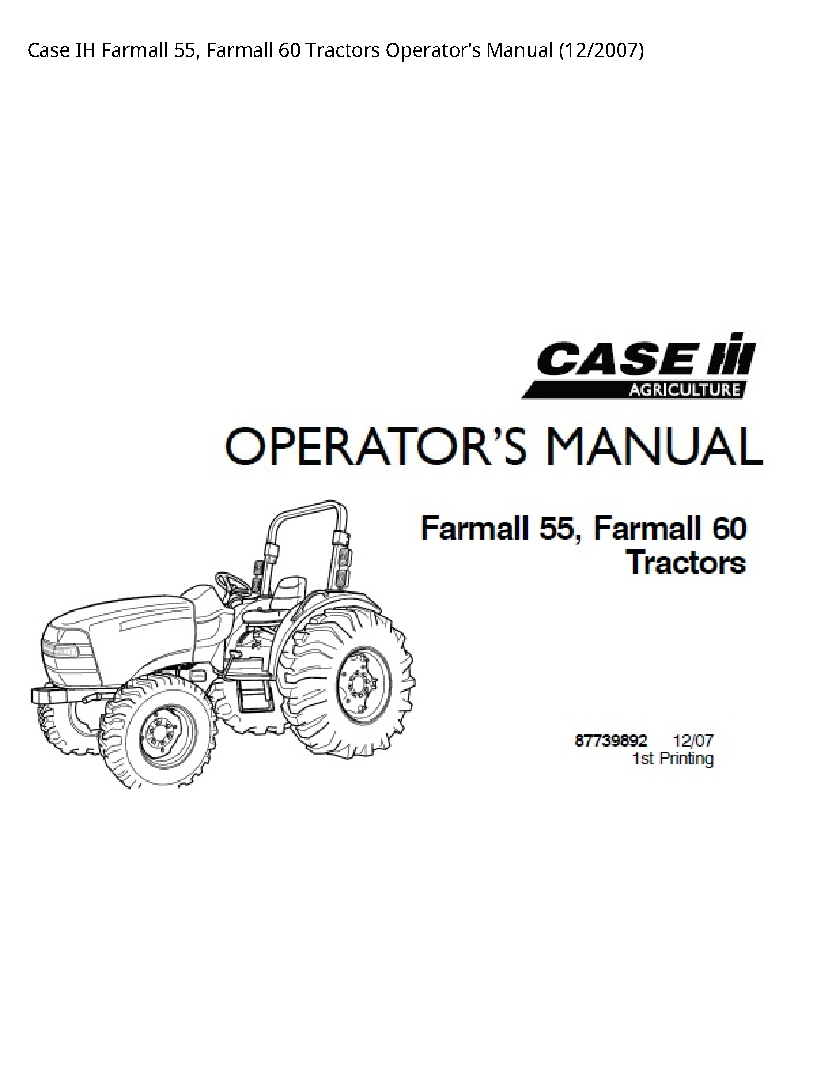 Case/Case IH 55 IH Farmall Farmall Tractors Operator’s manual