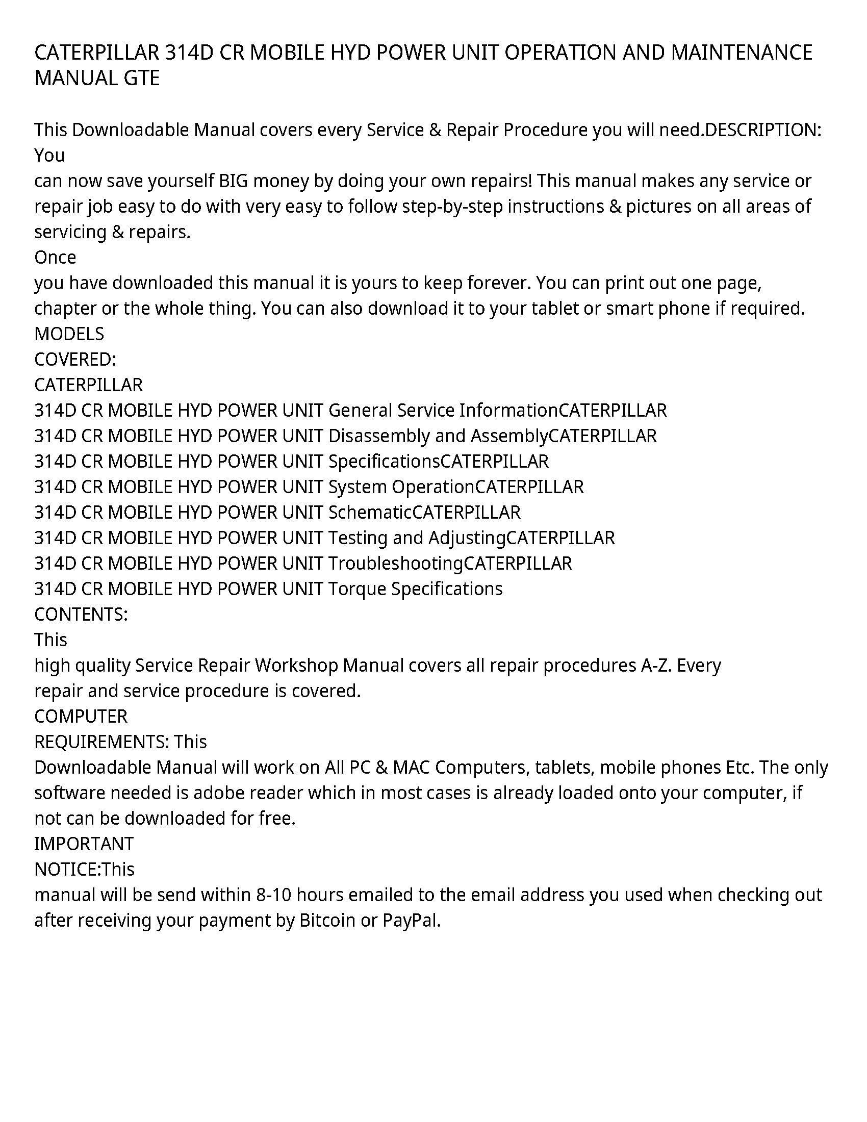 Caterpillar 314D service manual