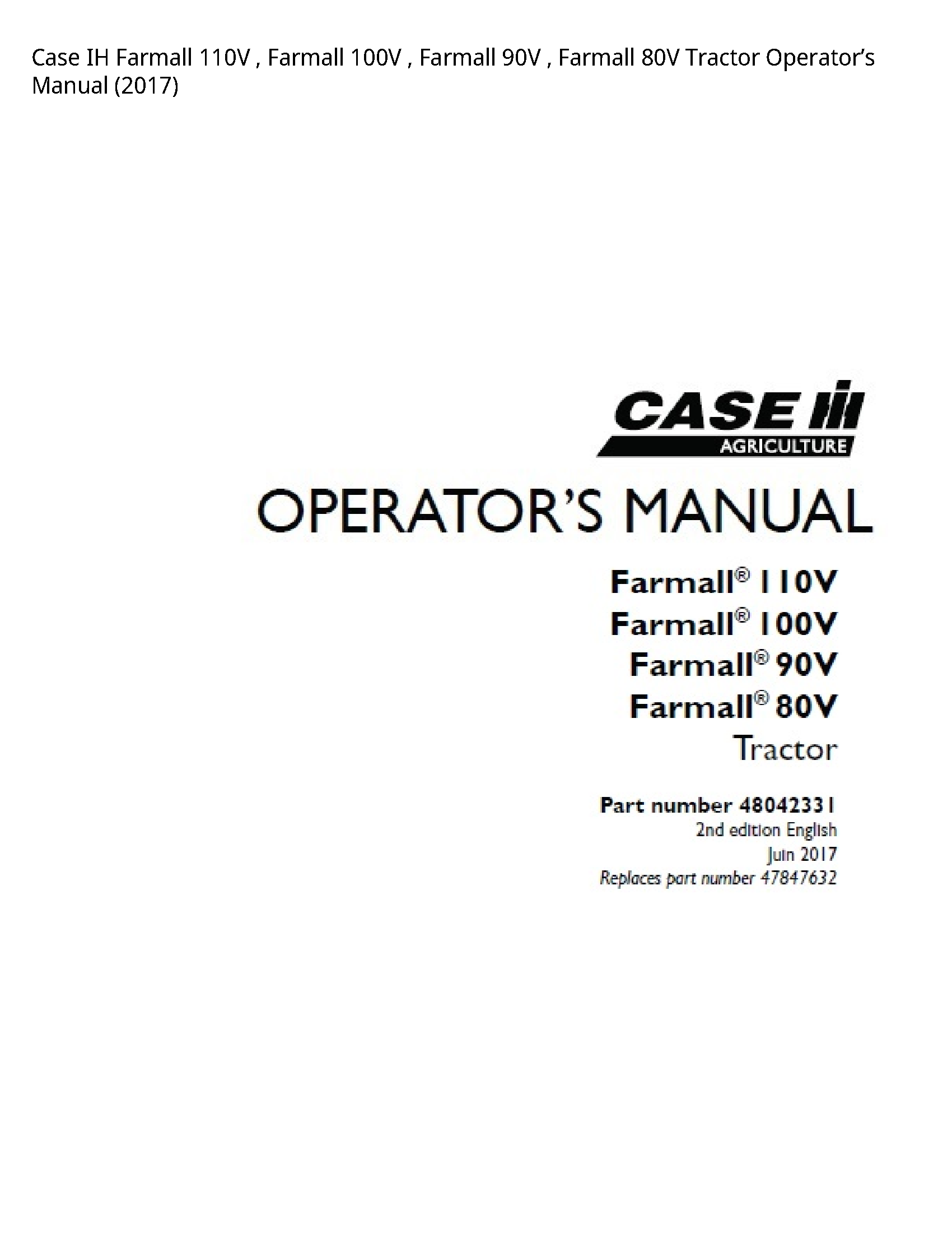 Case/Case IH 110V IH Farmall Farmall Farmall Farmall Tractor Operator’s manual