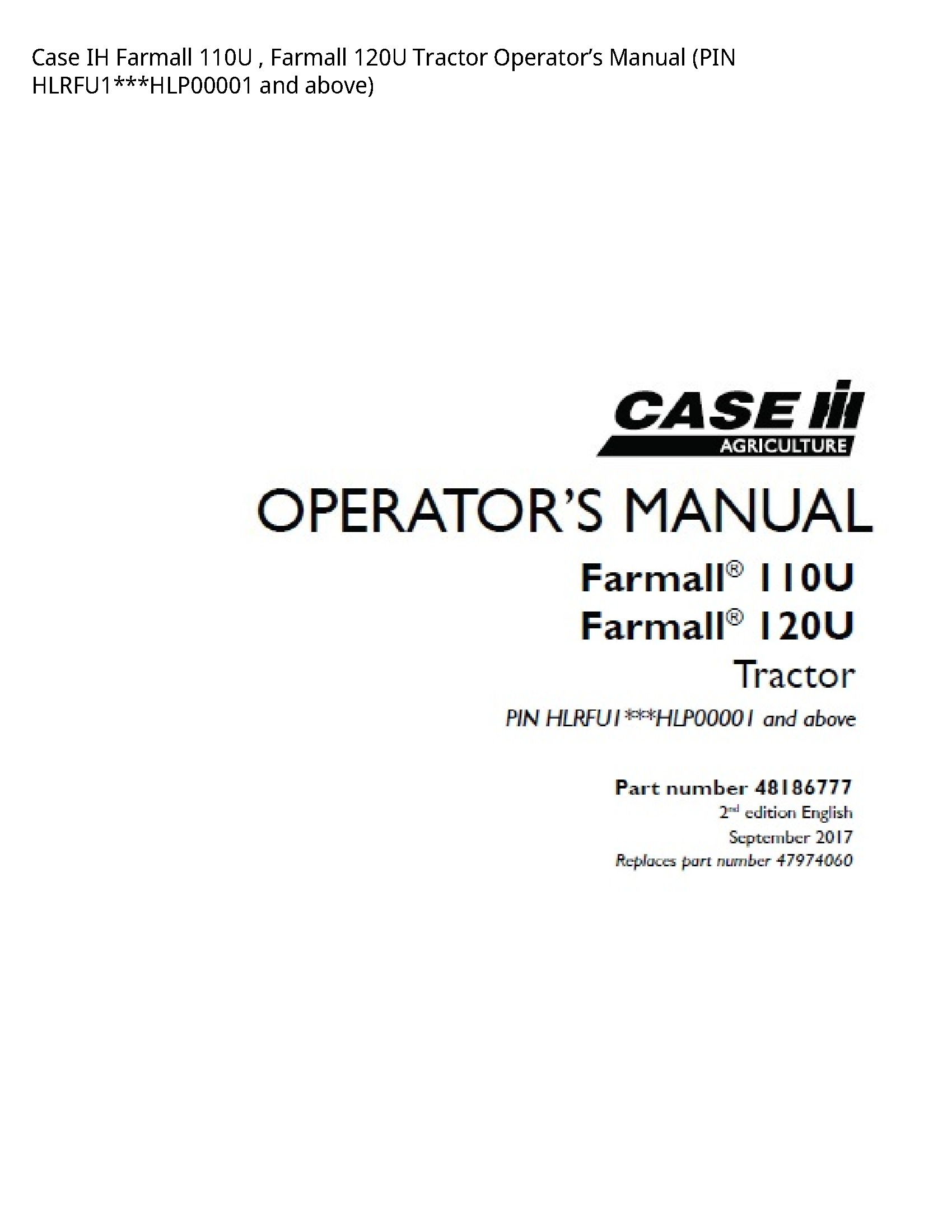Case/Case IH 110U IH Farmall Farmall Tractor Operator’s manual