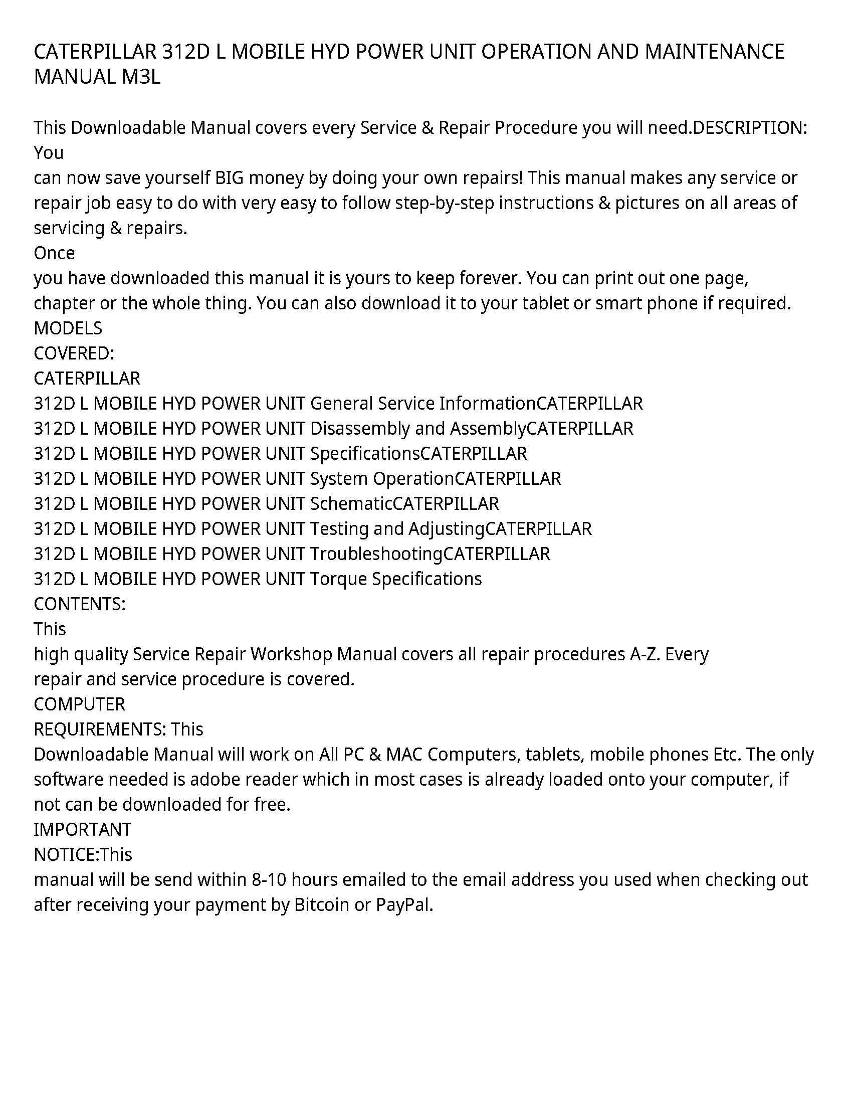 Caterpillar 312D service manual