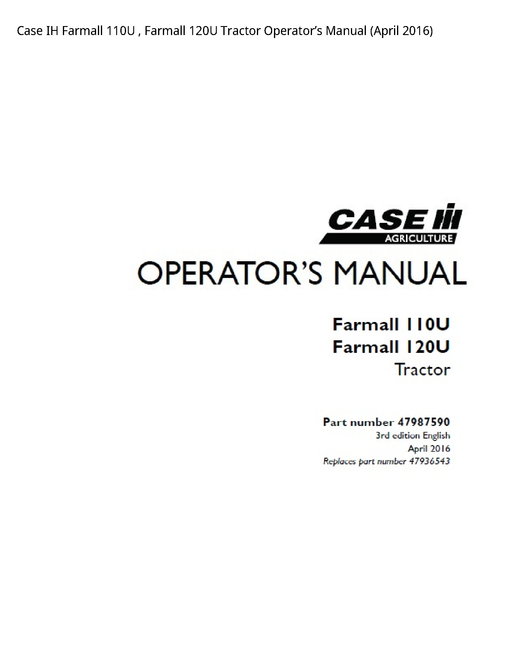 Case/Case IH 110U IH Farmall Farmall Tractor Operator’s manual
