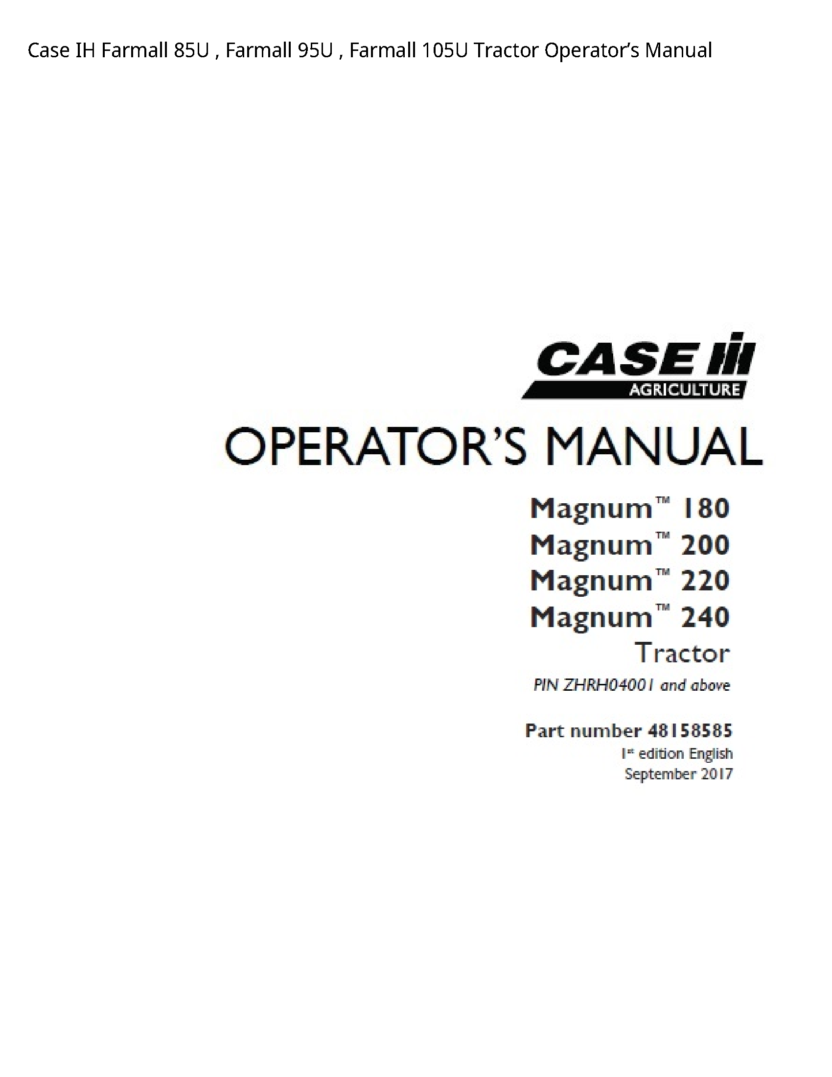 Case/Case IH 85U IH Farmall Farmall Farmall Tractor Operator’s manual