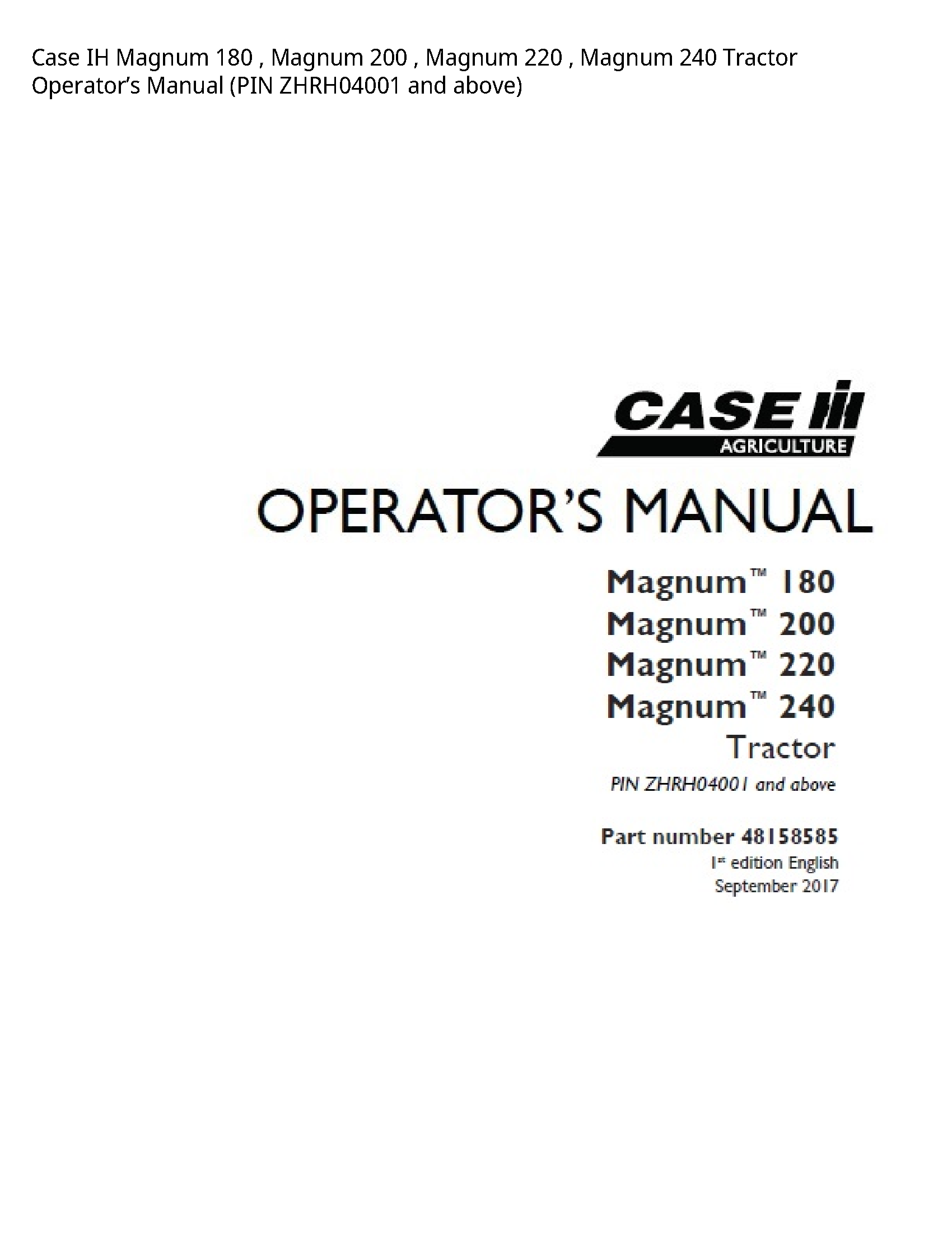 Case/Case IH 180 IH Magnum Magnum Magnum Magnum Tractor Operator’s manual