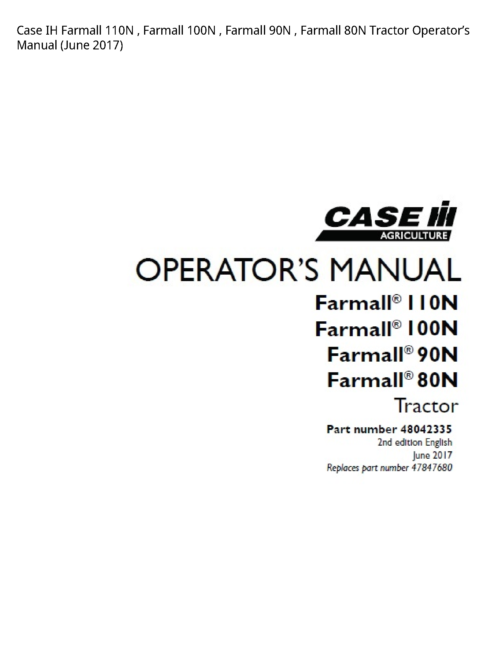 Case/Case IH 110N IH Farmall Farmall Farmall Farmall Tractor Operator’s manual