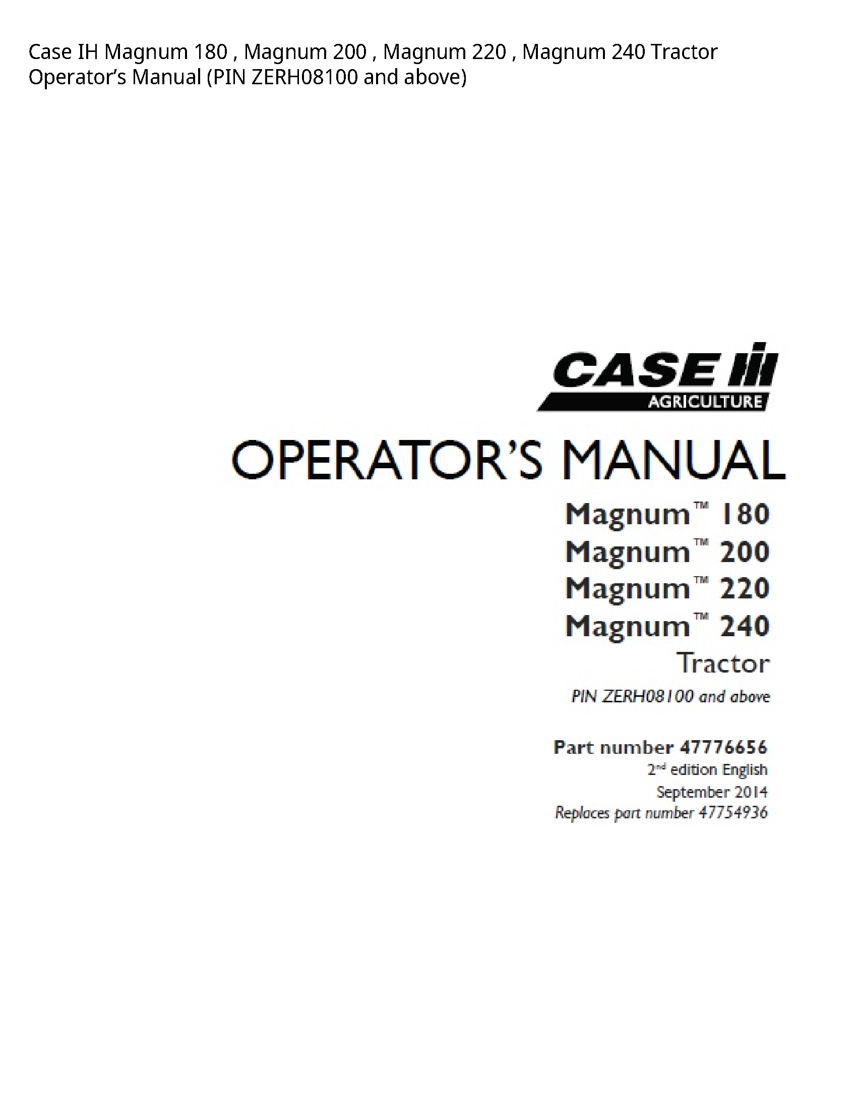 Case/Case IH 180 IH Magnum Magnum Magnum Magnum Tractor Operator’s manual