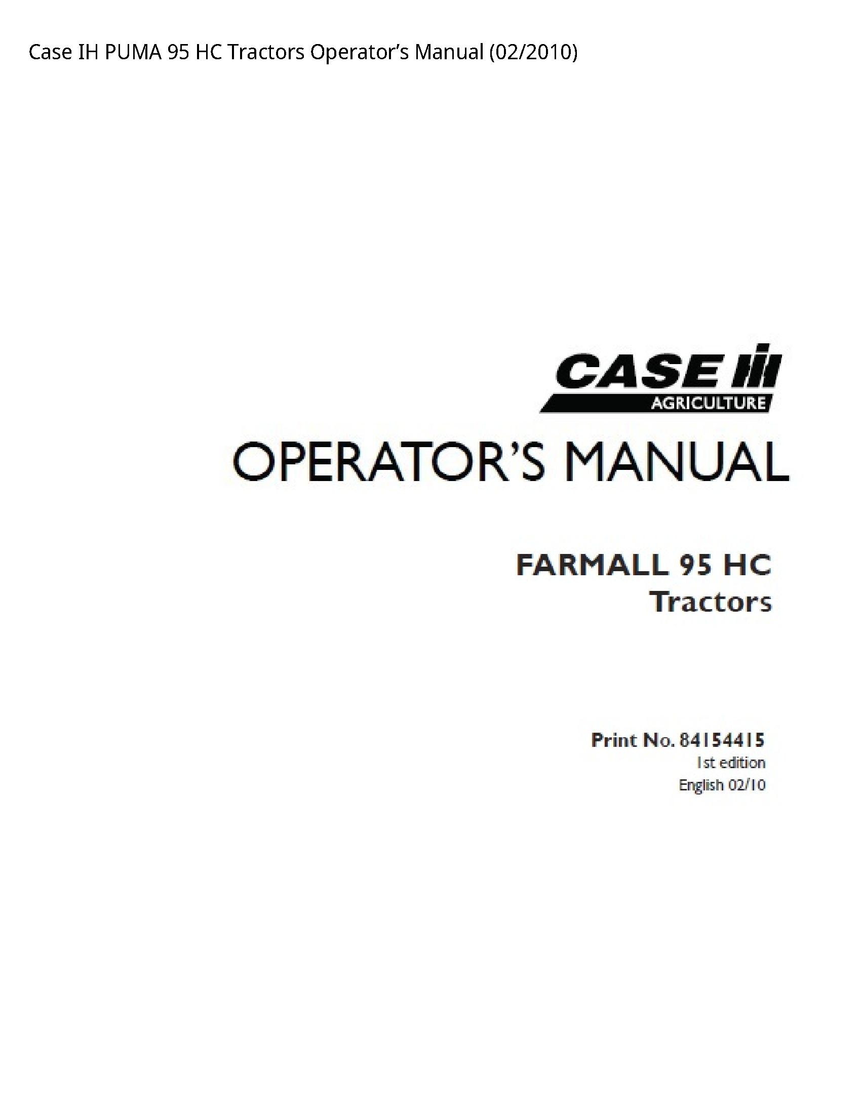 Case/Case IH 95 IH PUMA HC Tractors Operator’s manual