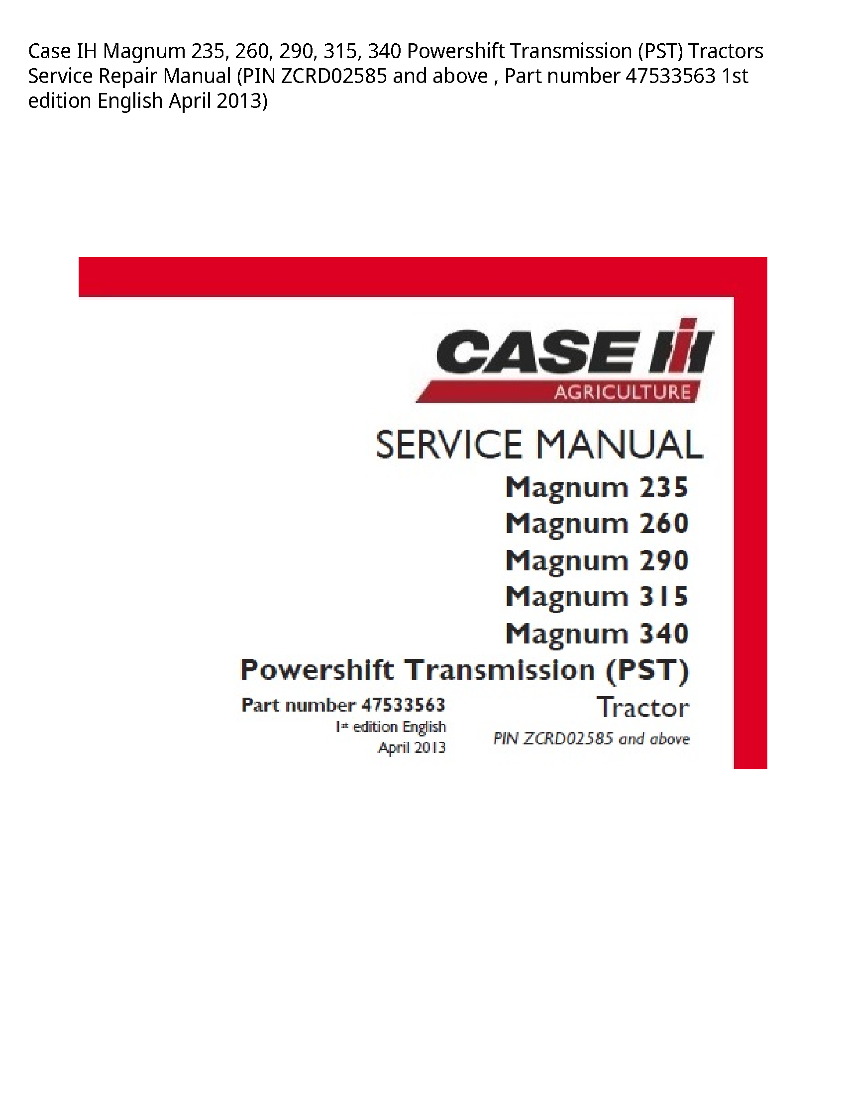 Case/Case IH 235 IH Magnum Powershift Transmission (PST) Tractors manual